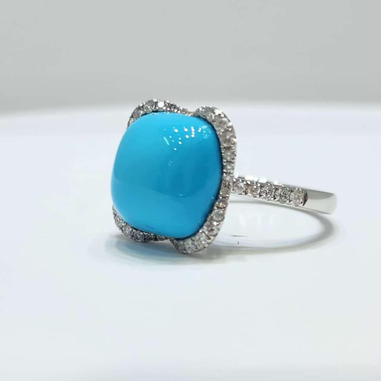 Vintage 6,9 Ct Dornröschen Türkis Diamant Ring in 18K Weiß massivem Gold (Cabochon) im Angebot