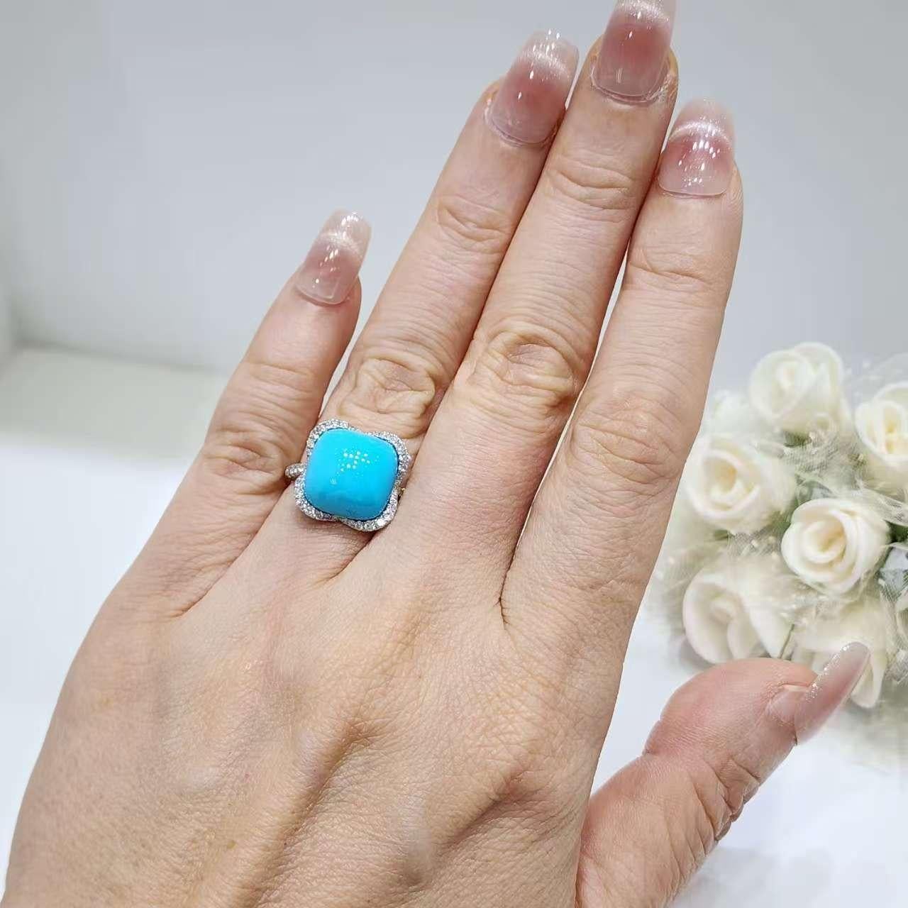 Vintage 6,9 Ct Dornröschen Türkis Diamant Ring in 18K Weiß massivem Gold im Angebot 2