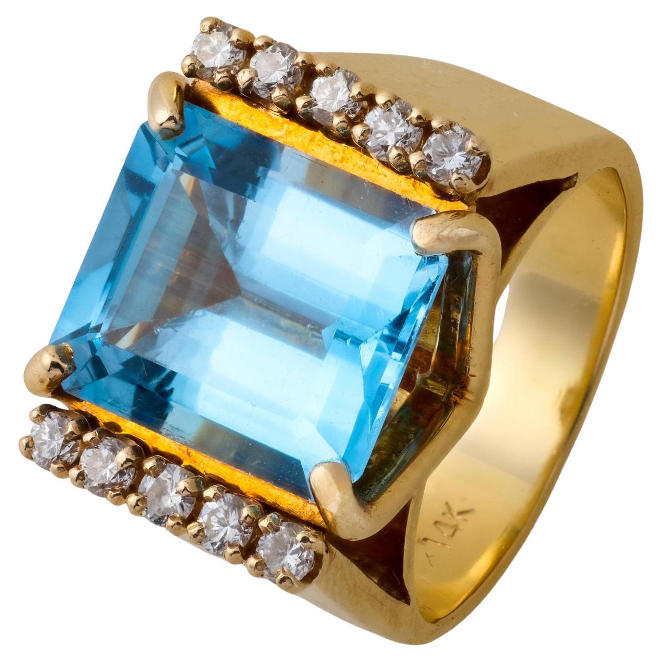 Vintage 6.90 carat aquamarine diamond 14k yellow gold ring