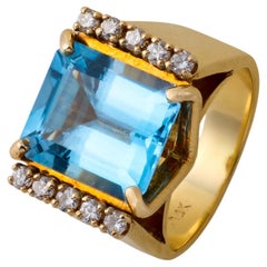Vintage 6.90 carat aquamarine diamond 14k yellow gold ring