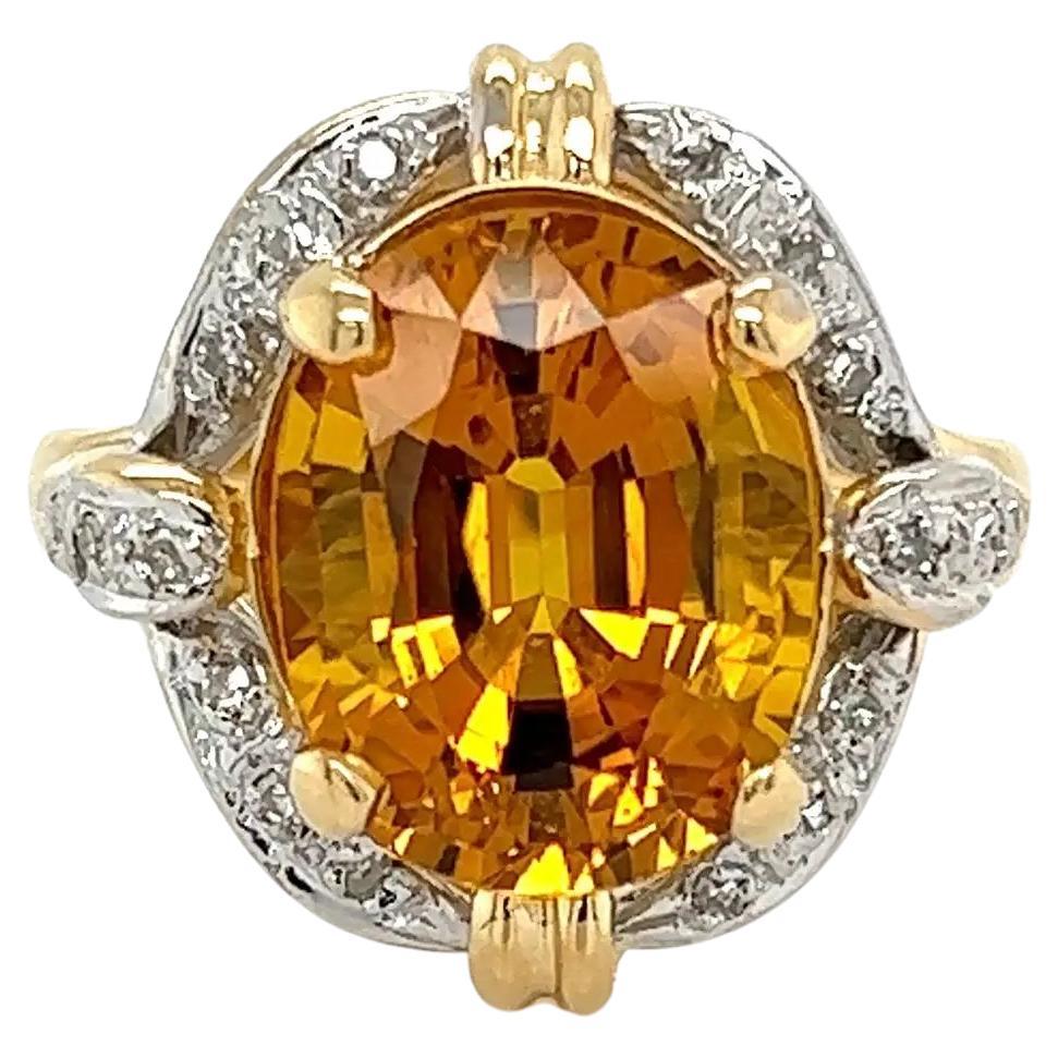 Vintage 6.92 Carat Vivid Orange Yellow Sapphire and Diamond Ring For Sale
