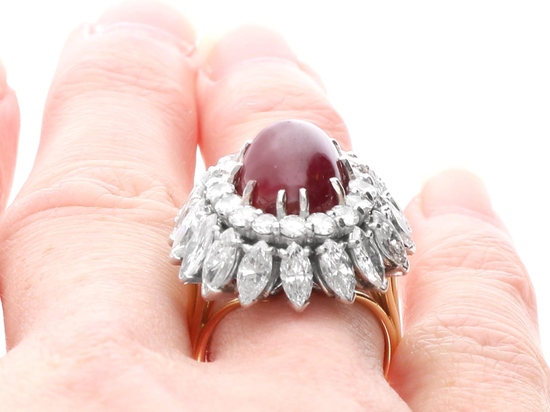 Vintage 6.95Ct Burmese Ruby and 4.80Ct Diamond, 18k Yellow Gold Ring Circa 1950 For Sale 6