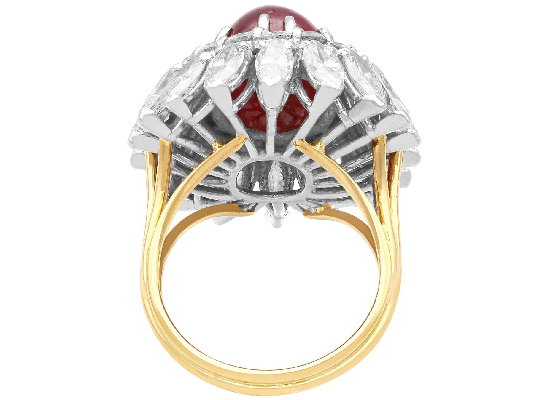 Vintage 6.95Ct Burmese Ruby and 4.80Ct Diamond, 18k Yellow Gold Ring Circa 1950 For Sale 1