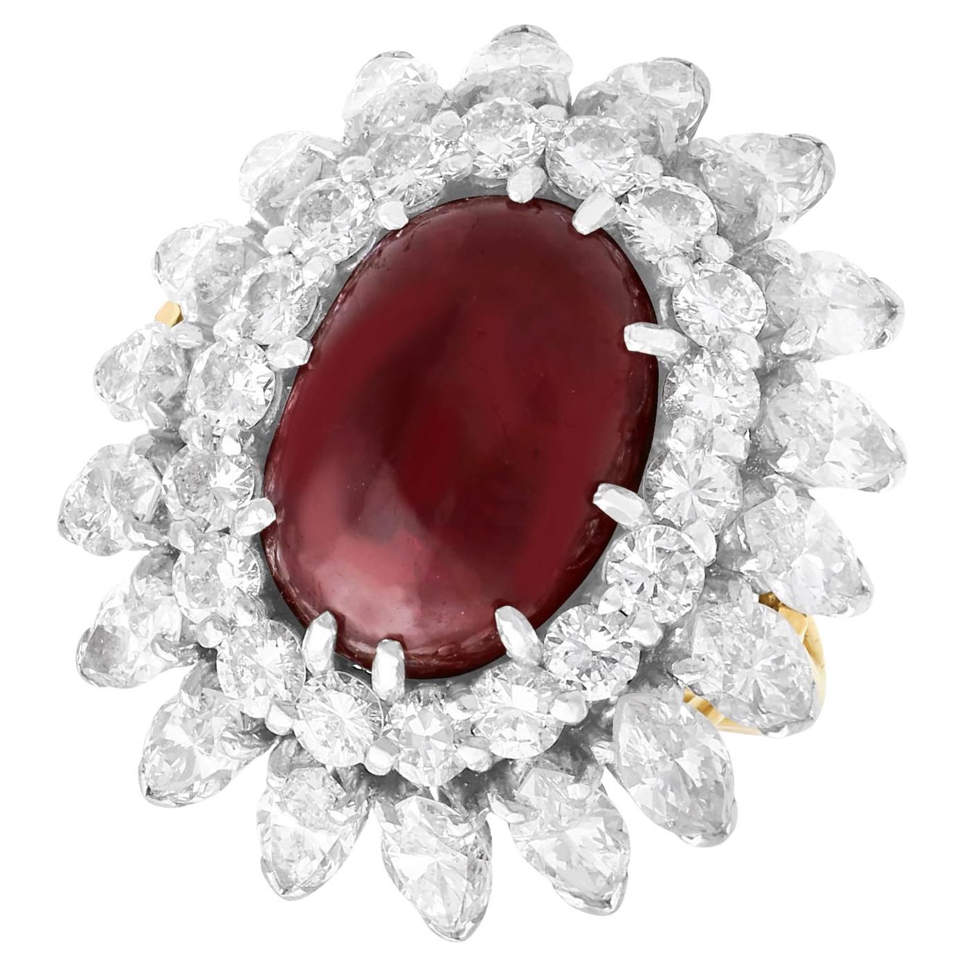Vintage 6.95Ct Burmese Ruby and 4.80Ct Diamond, 18k Yellow Gold Ring Circa 1950 For Sale