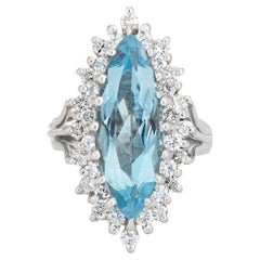 Vintage 6ct Aquamarine Diamond Ring Marquise Cut 14k White Gold Fine Jewelry