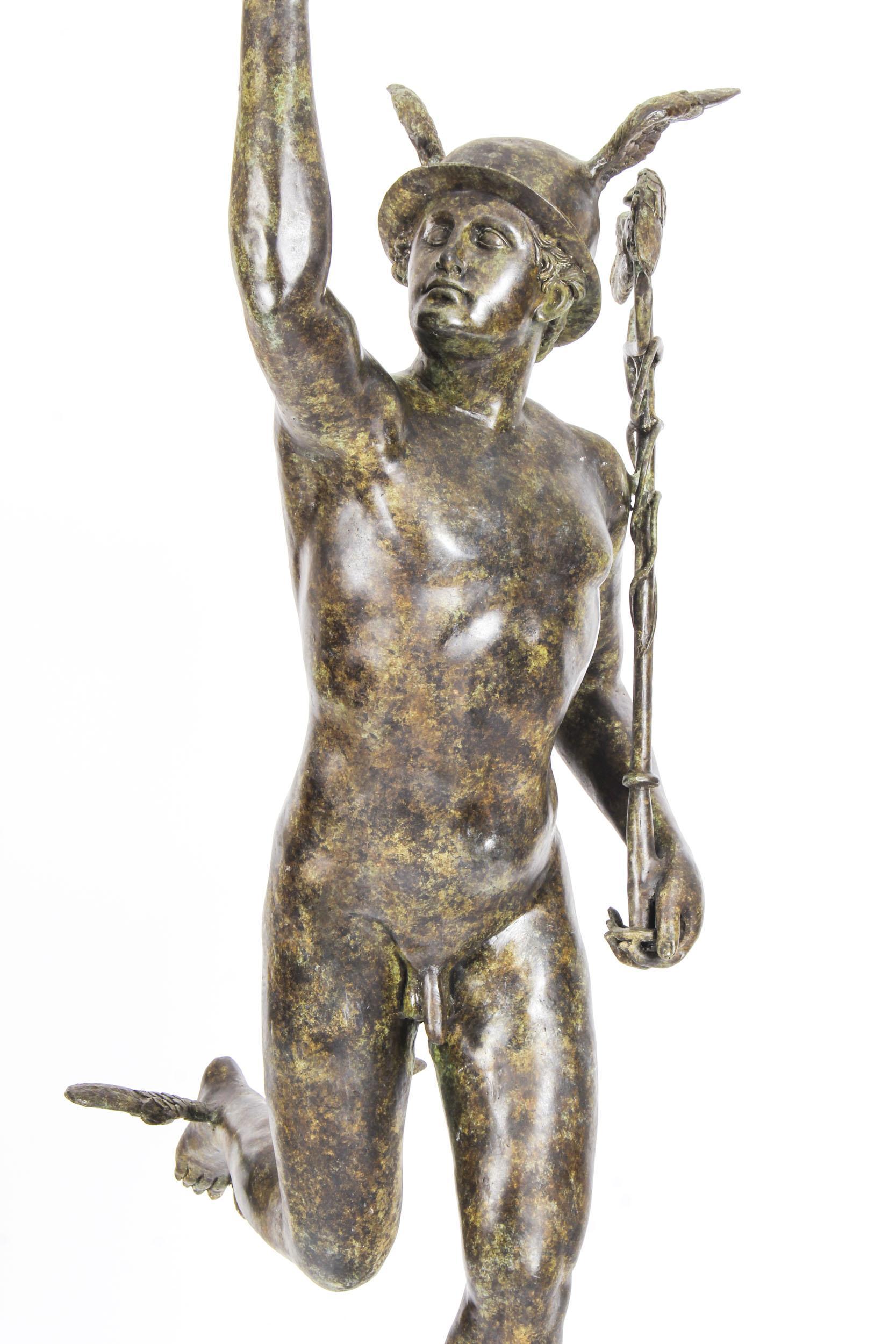 This is a large and beautifully detailed bronze sculpture of Mercury, also known as Hermes, dating from the second half of the 20th century.

Mercury is beautifully depicted with a striking verdigris patina, standing on a gust of wind issued from