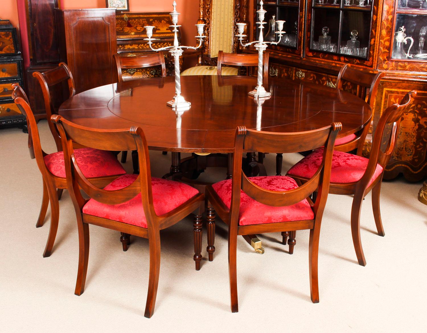 Regency Revival Vintage 6ft Diam Mahogany Jupe Dining Table & Leaf Cabinet. Mid 20th C