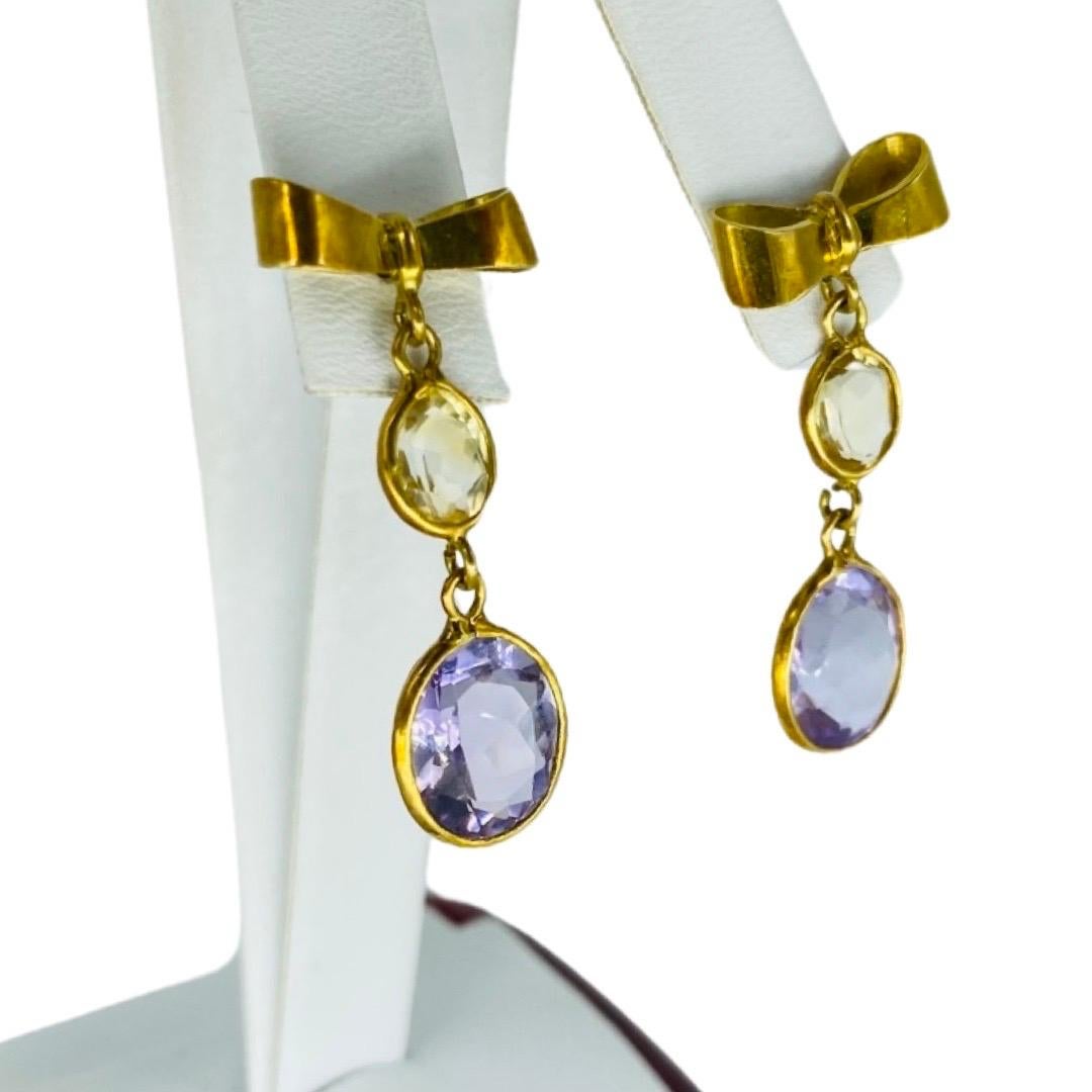Vintage 7 Carat Amethyst and Citrine Gemstone Bow Tie Dangle Earrings 18k Gold For Sale 5