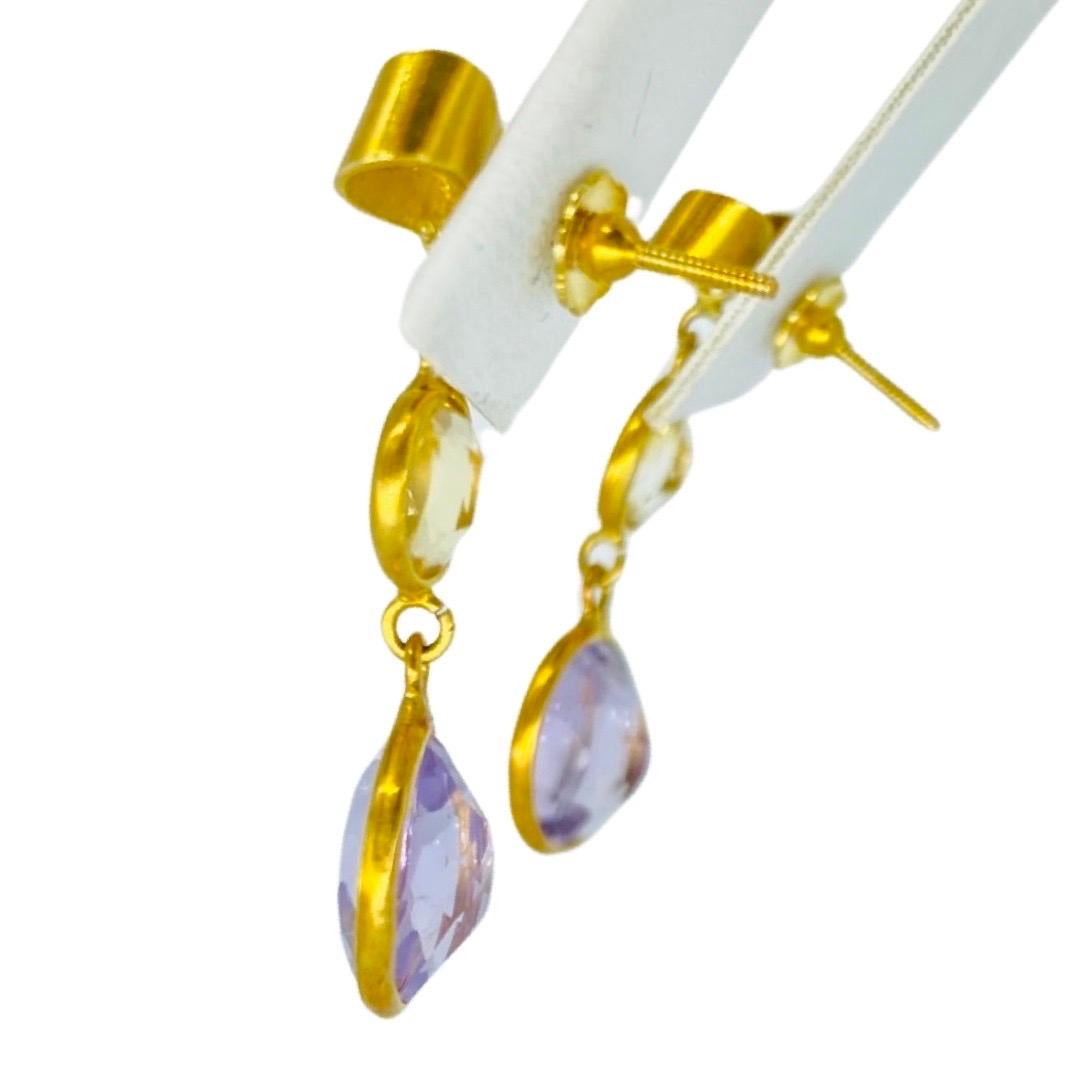 Women's Vintage 7 Carat Amethyst and Citrine Gemstone Bow Tie Dangle Earrings 18k Gold For Sale