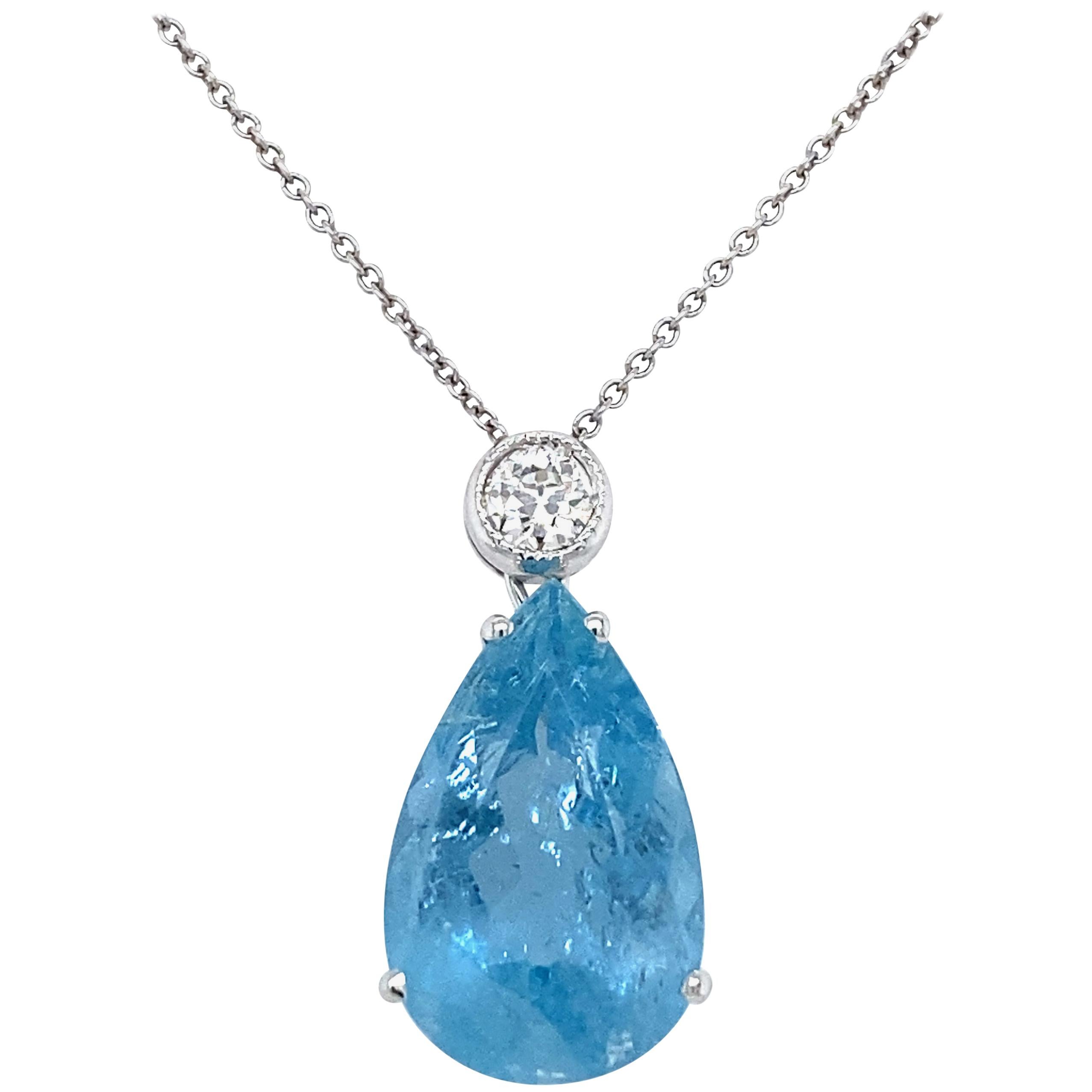 Vintage 7 Carat Aquamarine Diamond Pendant Necklace