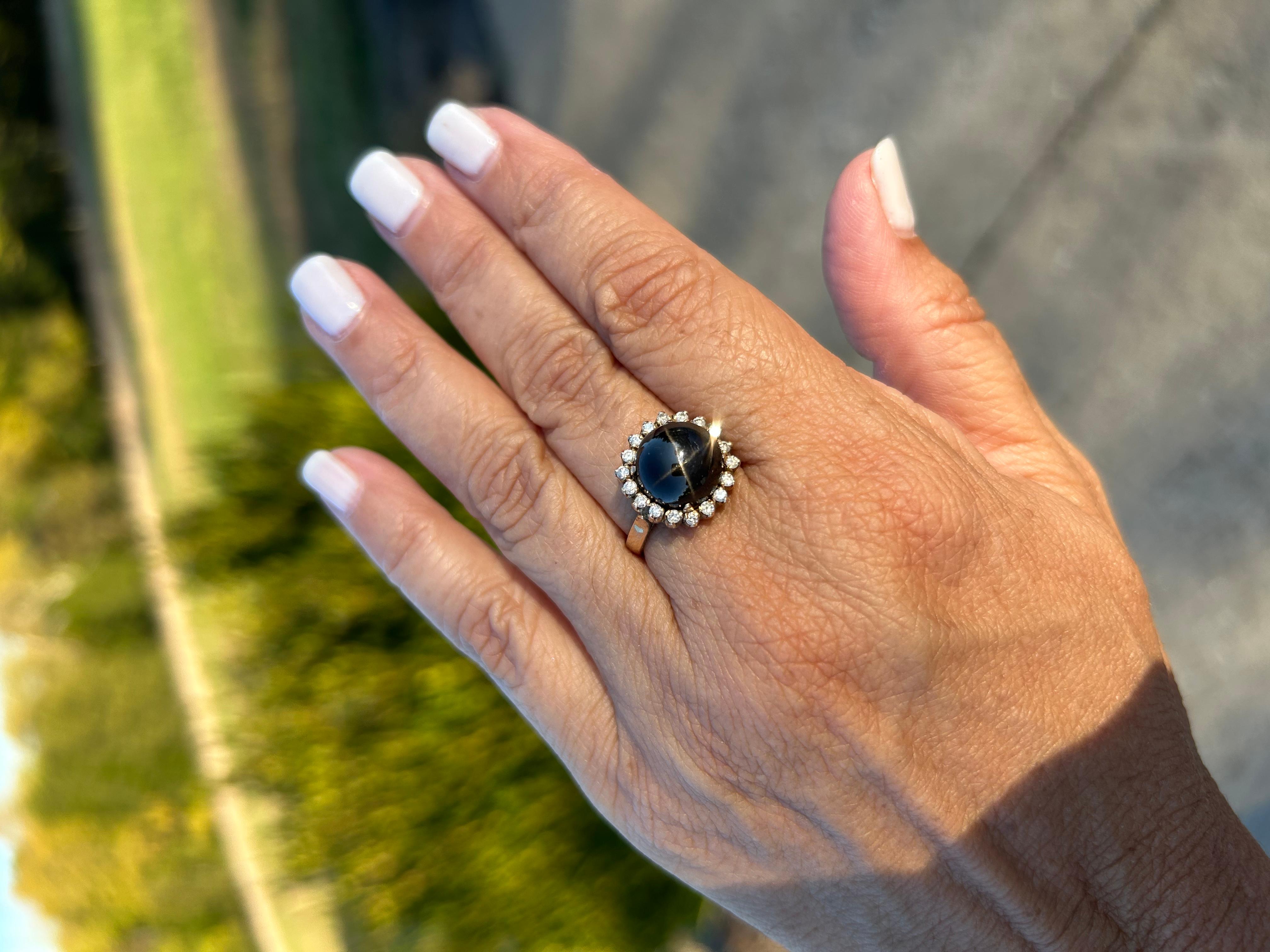Vintage Black Star Diopside Cabochon Diamond Ring 18k For Sale 4