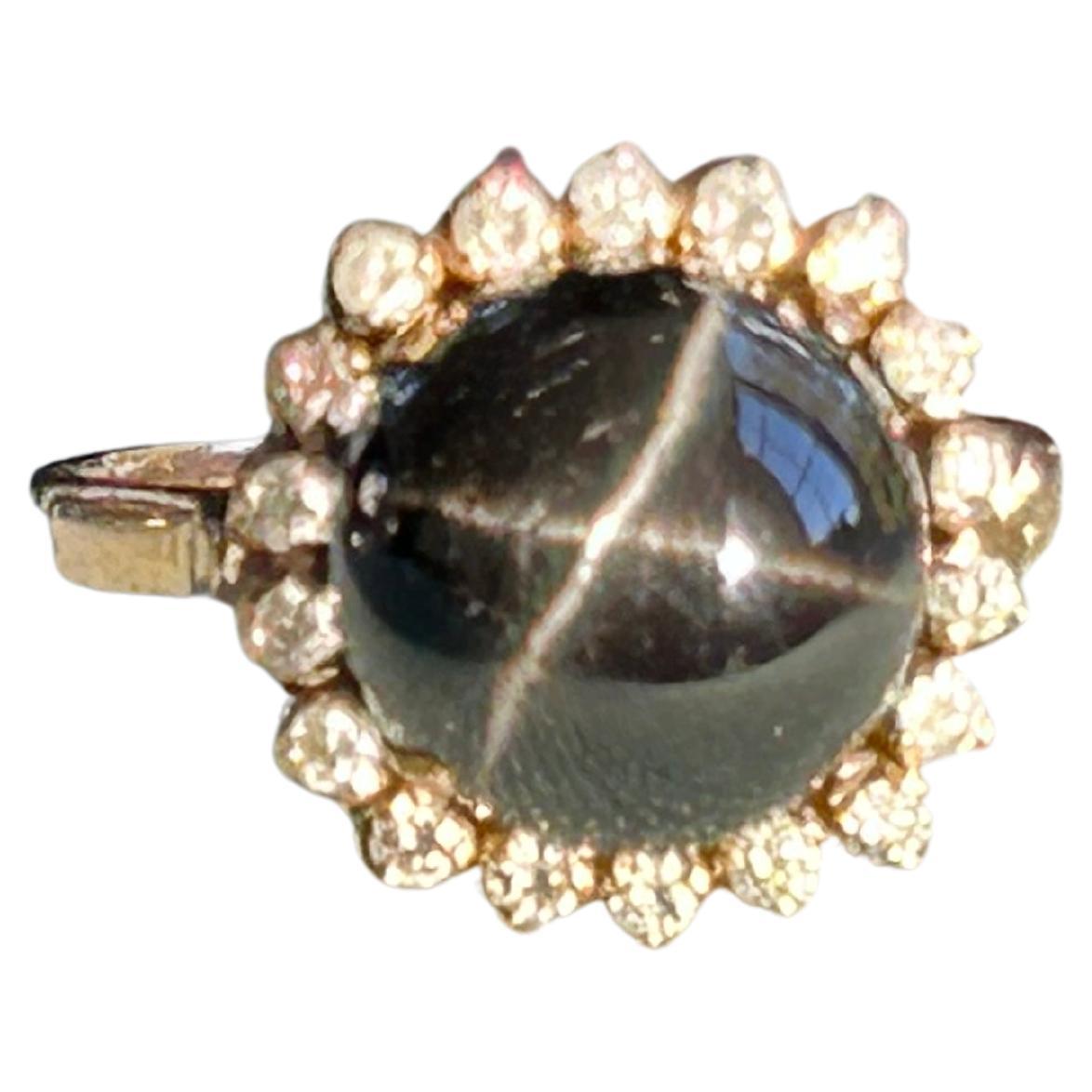 Vintage Black Star Diopside Cabochon Diamond Ring 18k For Sale