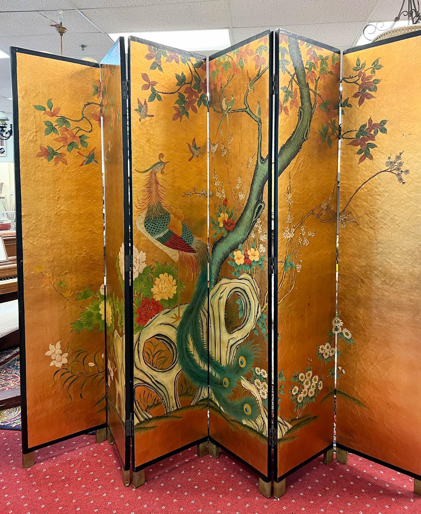 Vintage 7 Ft 6-Panel Asian Folding Screen/Room Divider In Good Condition For Sale In Palm Beach Gardens, FL