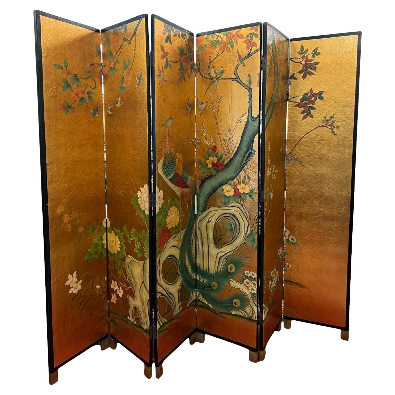 Vintage 7 Ft 6-Panel Asian Folding Screen/Room Divider For Sale