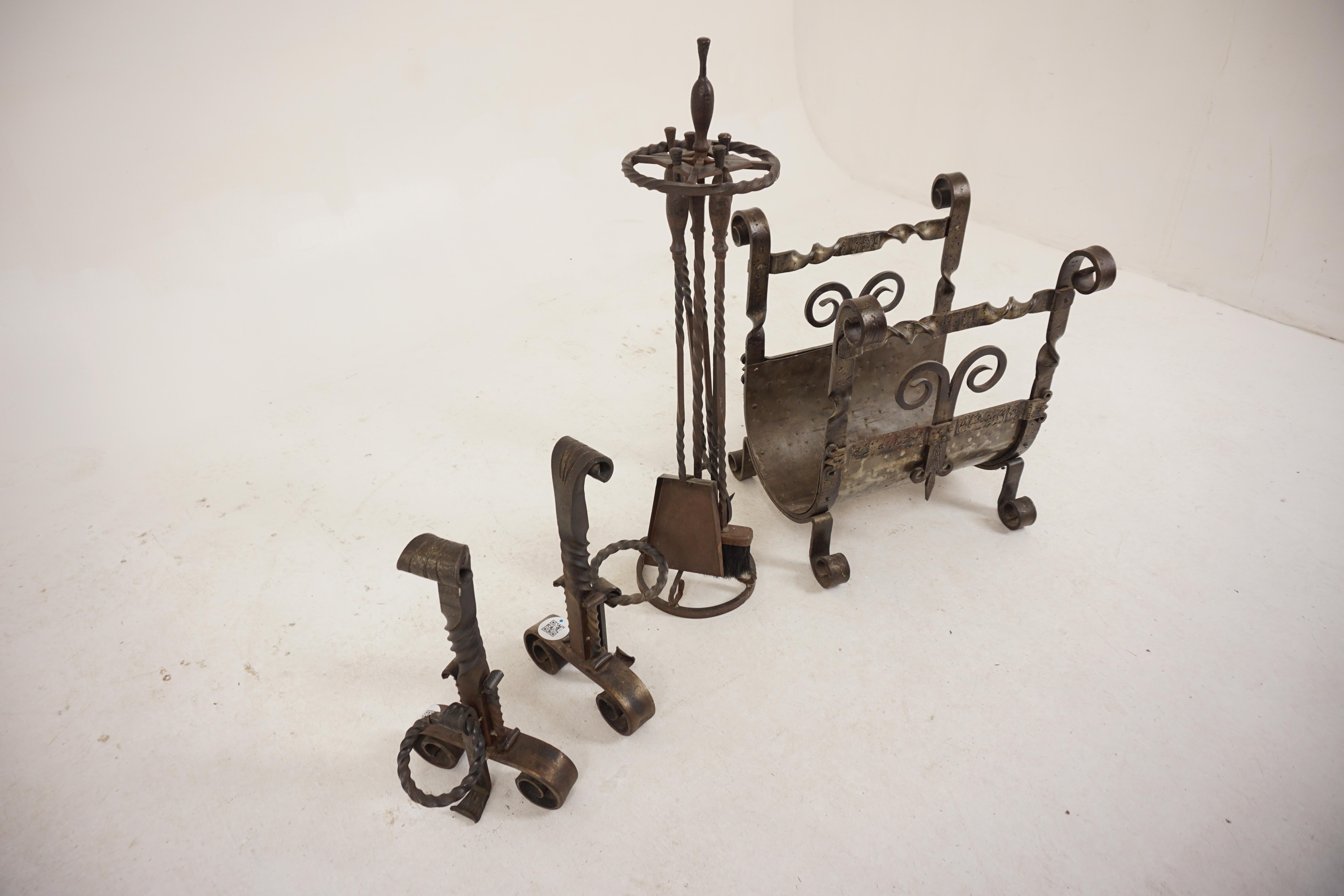 Vintage 7 Pc. Steel Fireplace Tools Set, American 1950, H901 In Good Condition For Sale In Vancouver, BC