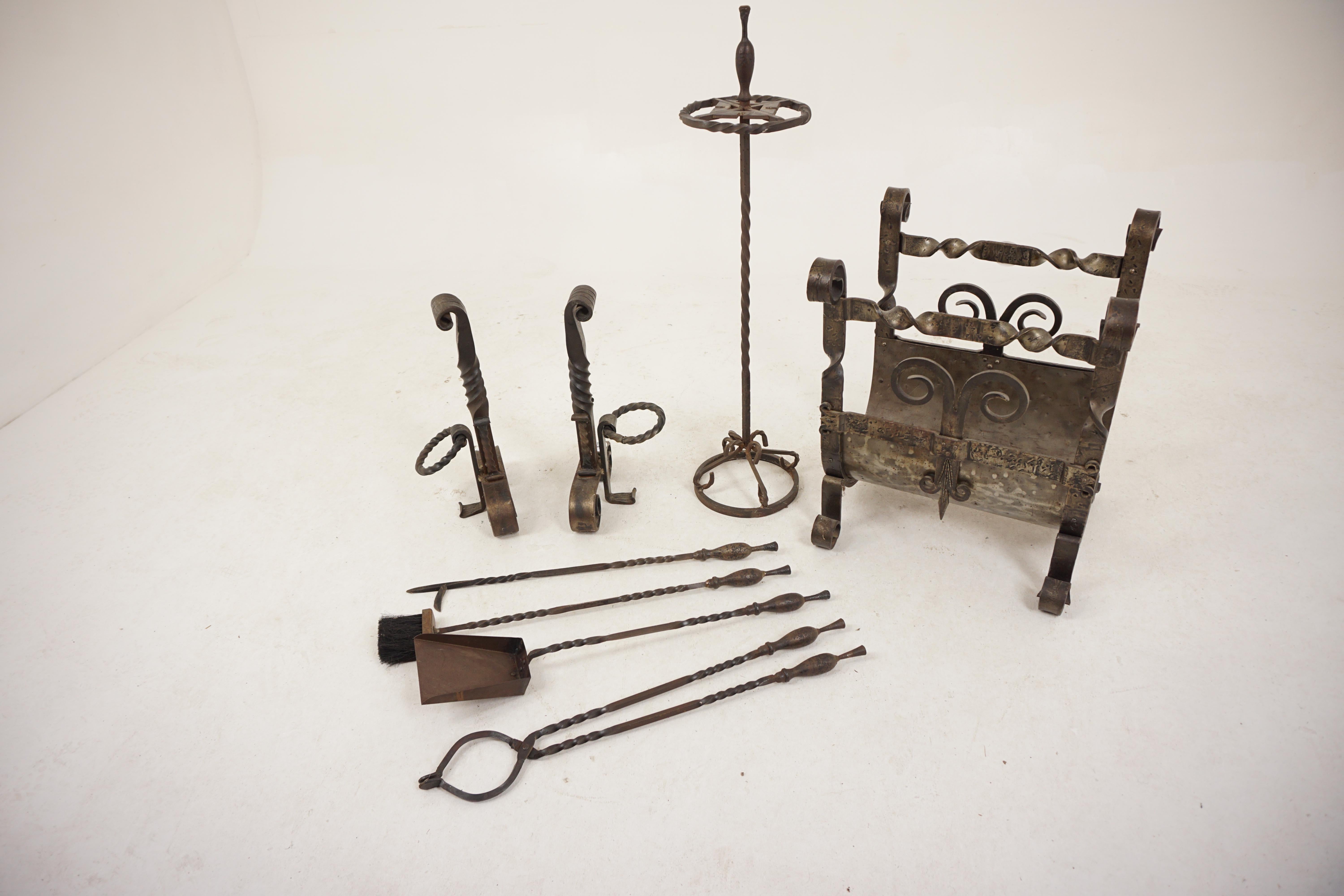 Vintage 7 Pc. Steel Fireplace Tools Set, American 1950, H901 For Sale 1