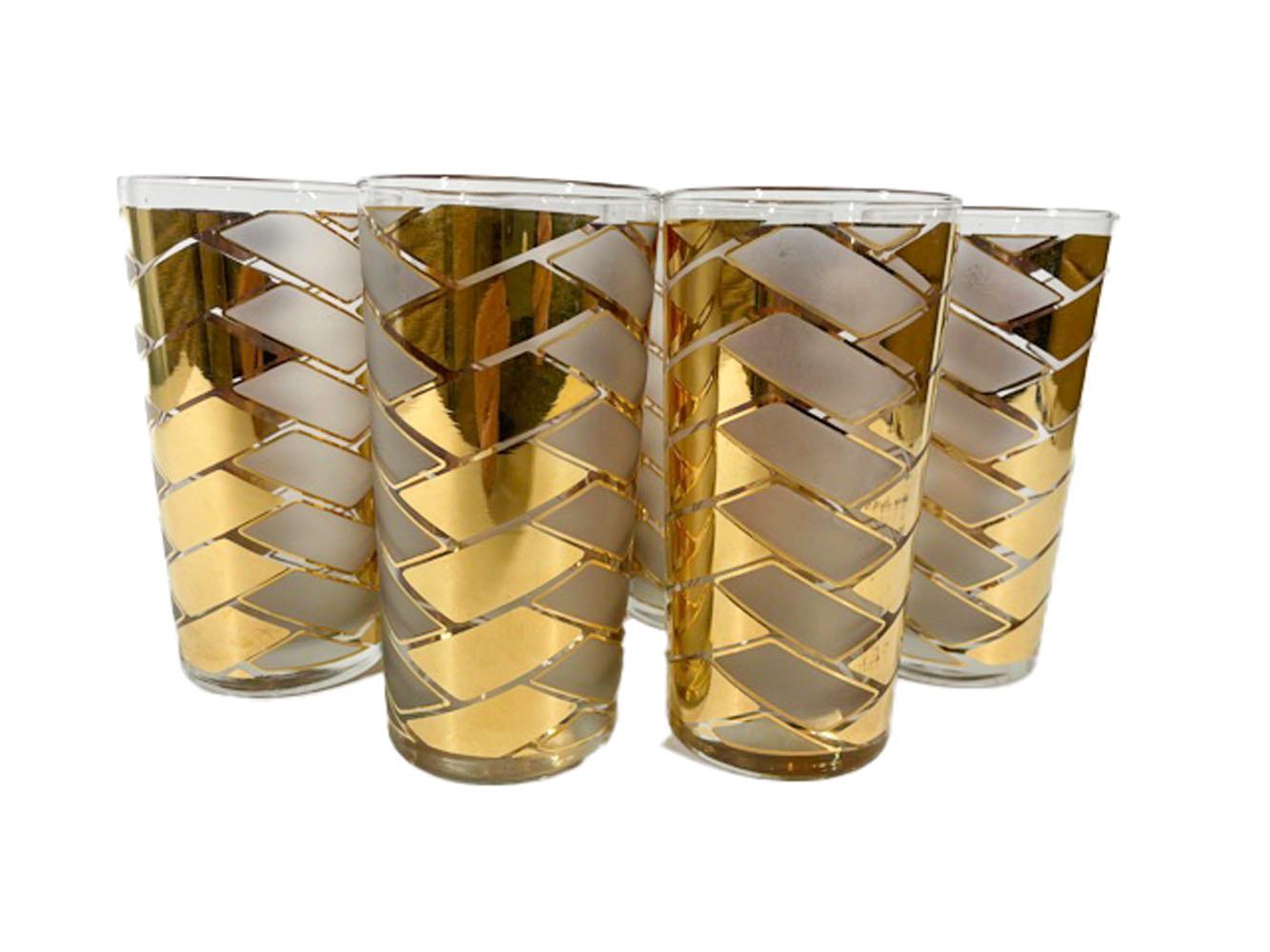 Seven-piece, ice bowl and highball glass set with 22k gold and frosted decoration in a herringbone pattern.
