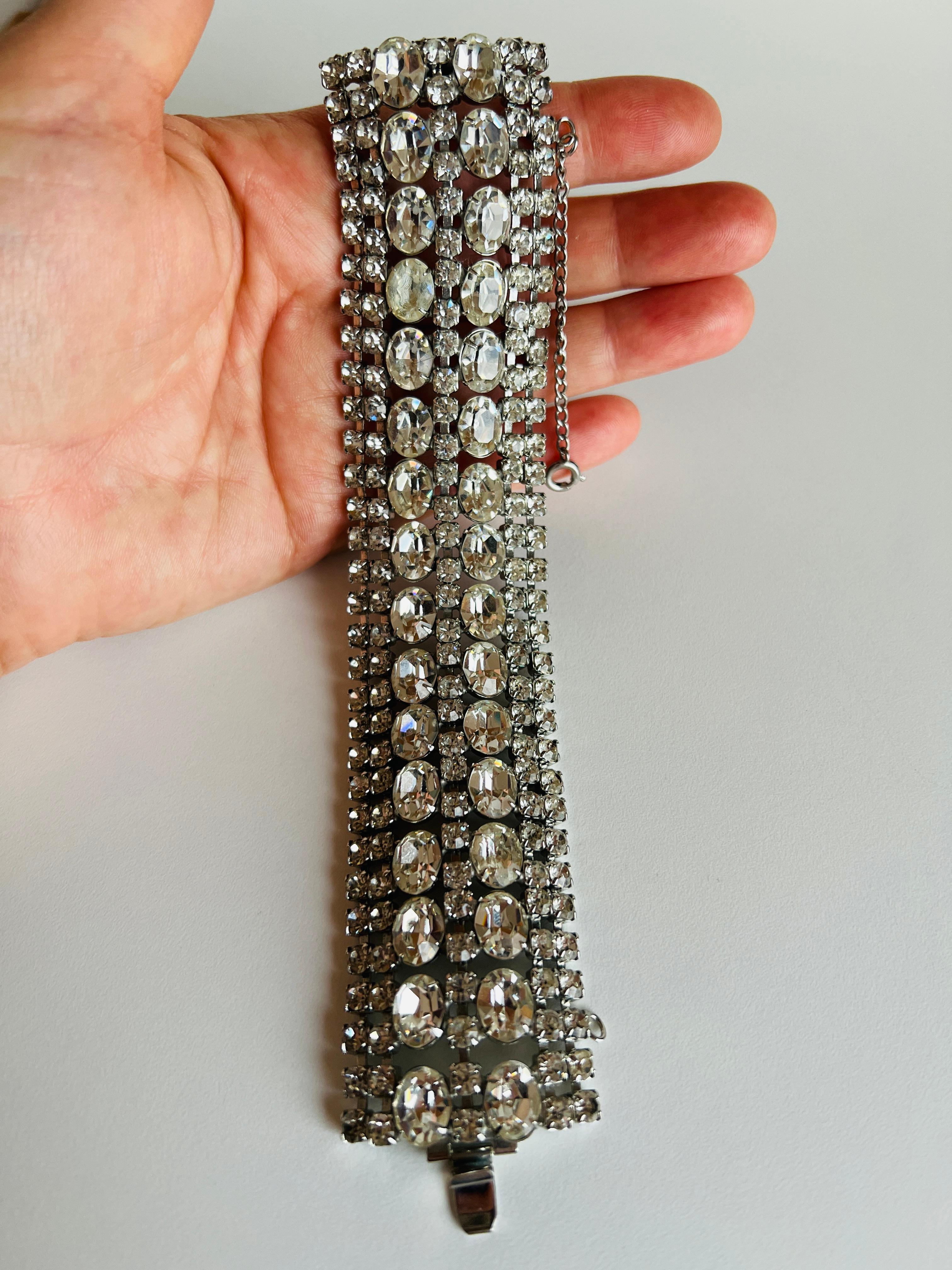 Women's Vintage 7 Rows Wide Rhinestone Silver Tone Glam Bracelet Safety Clasp For Sale