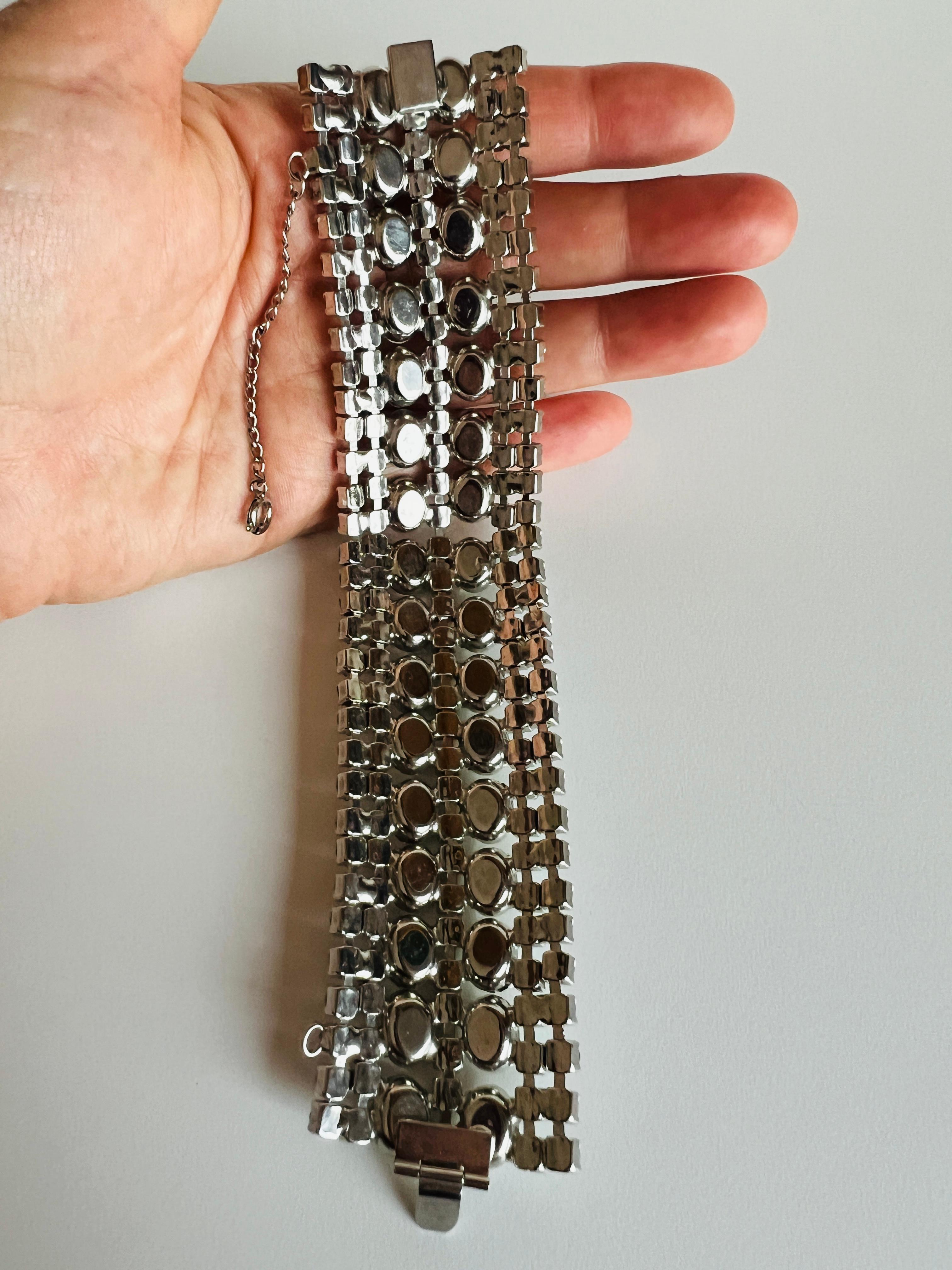Vintage 7 Rows Wide Rhinestone Silver Tone Glam Bracelet Safety Clasp For Sale 2