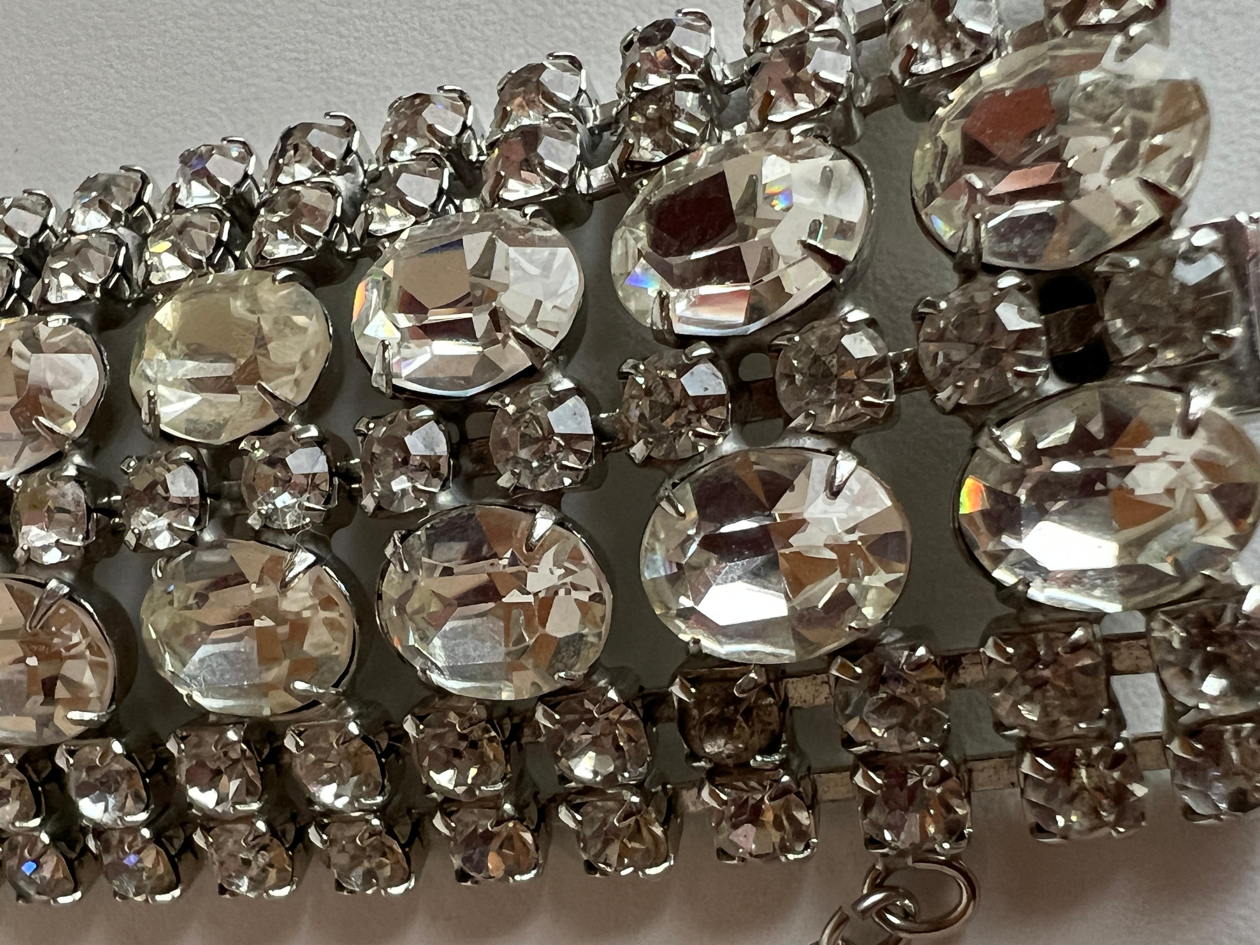 Vintage 7 Rows Wide Rhinestone Silver Tone Glam Bracelet Safety Clasp For Sale 2