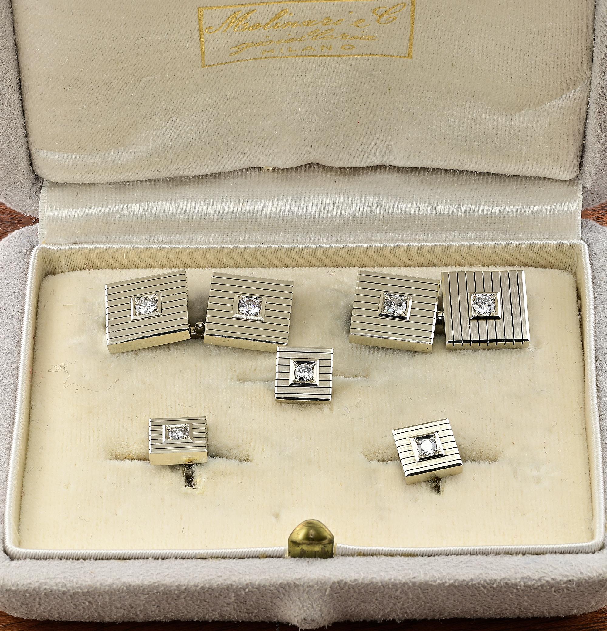 This stunning mid-century Diamond Cufflink tuxedo set is 1970 circa
Italian made Milan
Fascinating geometries of the 70’s - sturdy squared designed of substantial 18 KT gold assay, enhanced by carved stripes and Diamonds highlights
Set with a