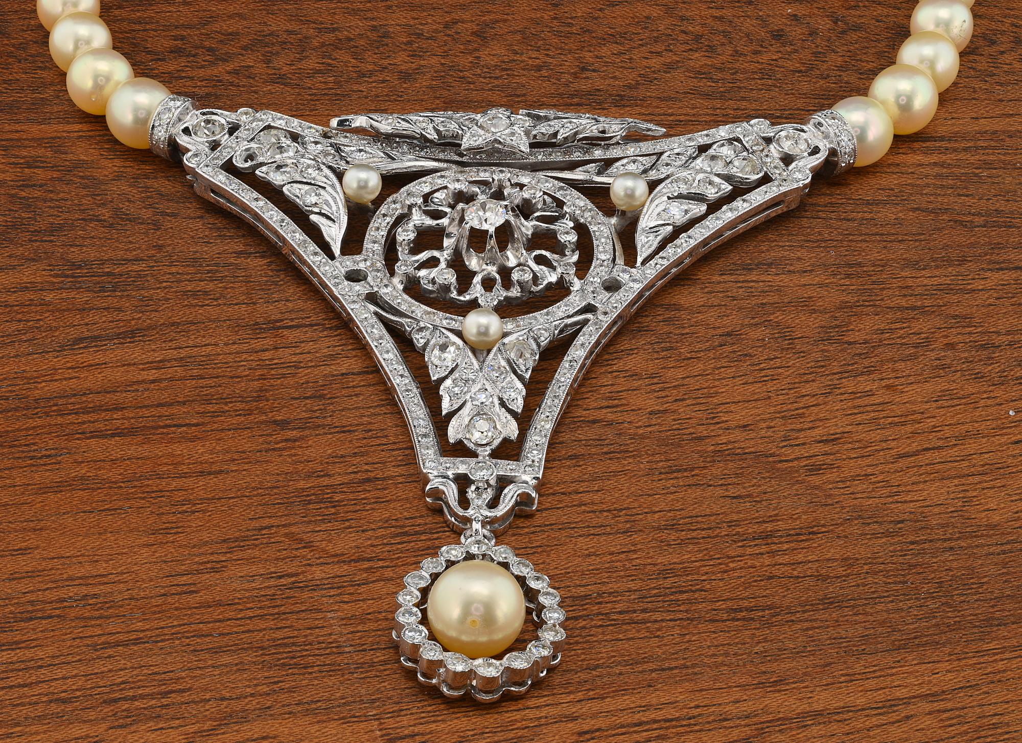 Old European Cut Vintage 7.0 CT Diamond Pearl Rare Panel Necklace For Sale