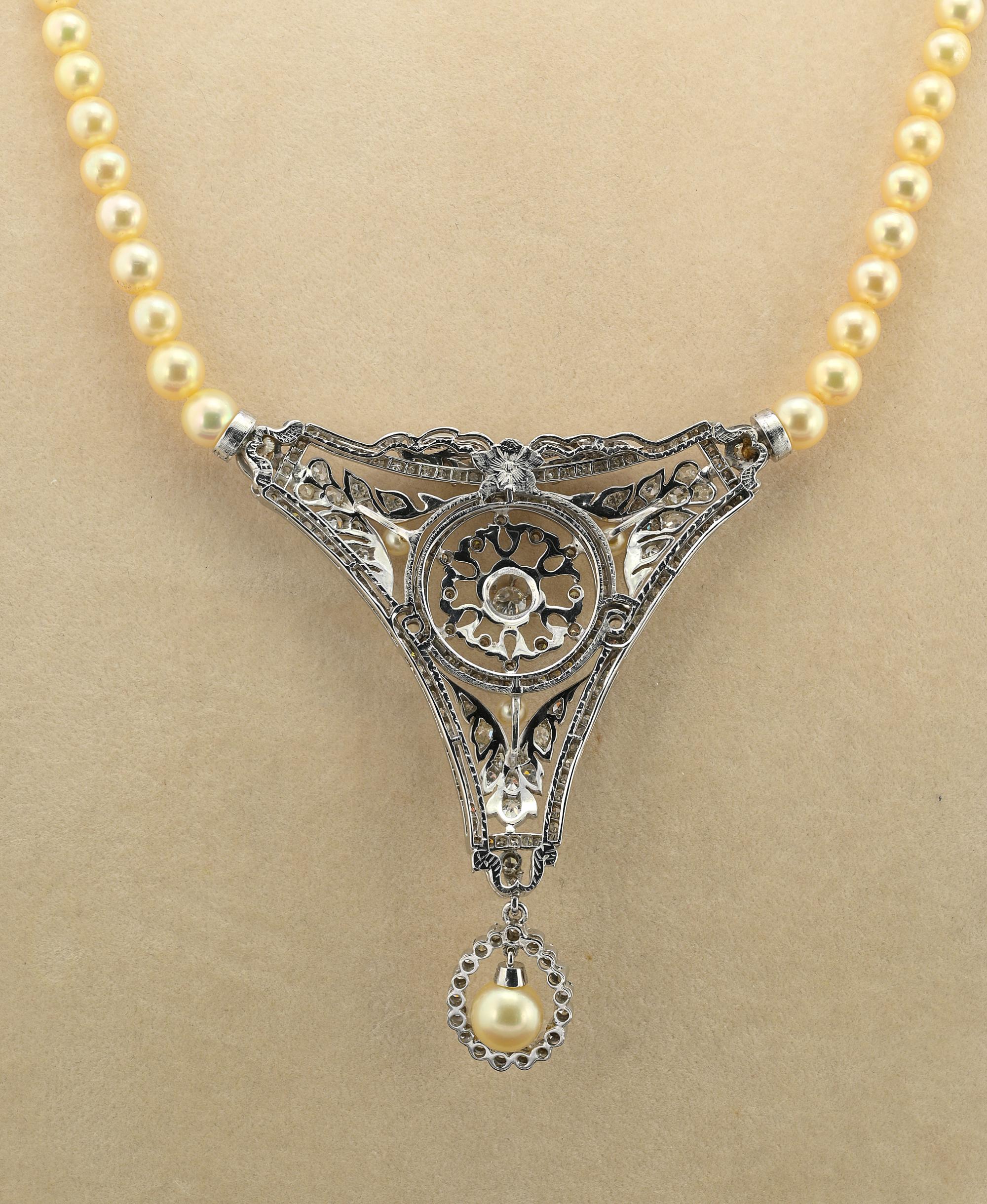 Vintage 7.0 CT Diamond Pearl Rare Panel Necklace For Sale 1