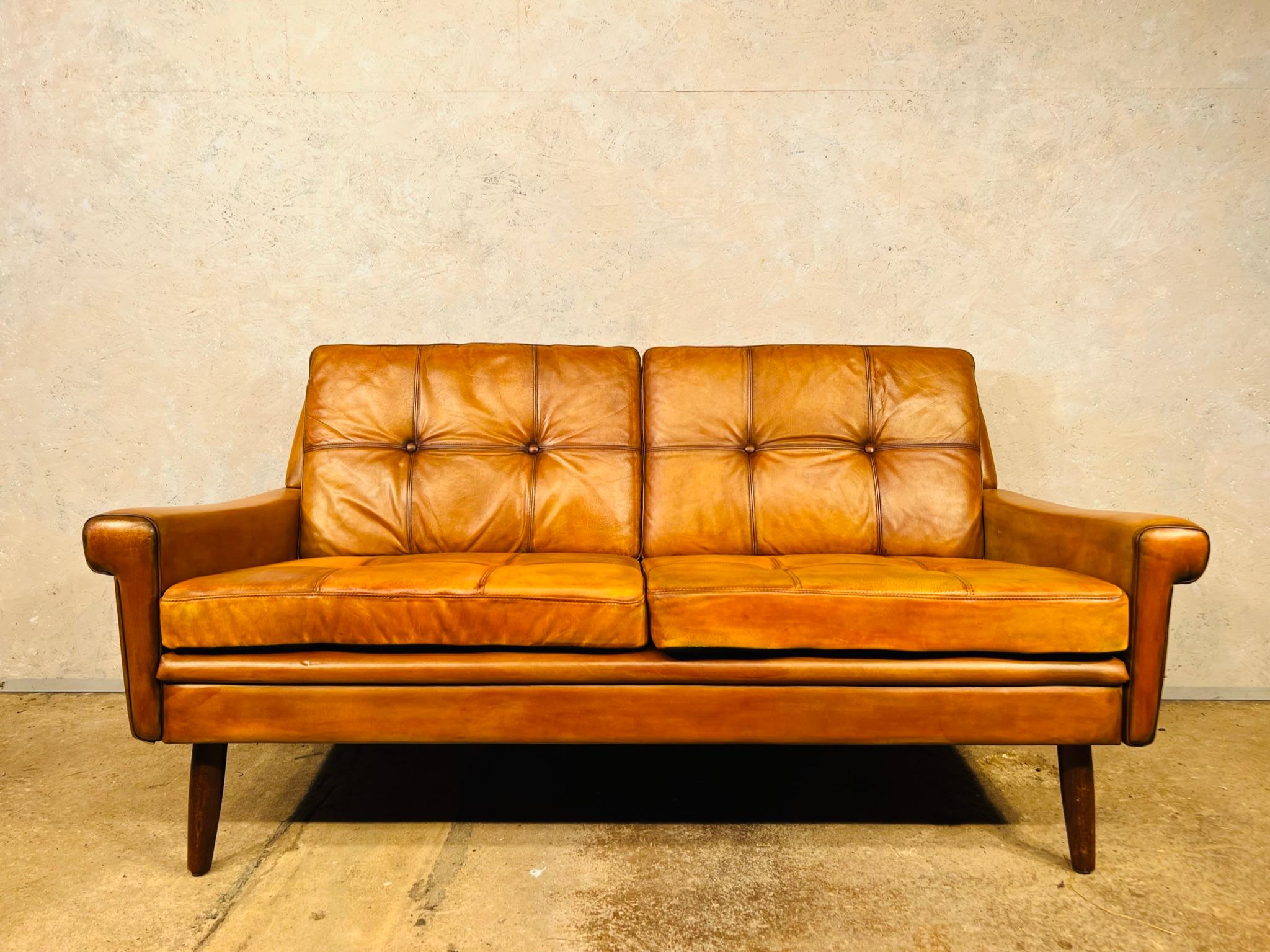 A Vintage 1970s Three seater Leather sofa by Danish Designer Svend Skipper

A very stylish sofa with a beautiful compact design at the same time very comfortable to sit in.

It is a great tan colour, in excellent vintage condition.

Viewings welcome
