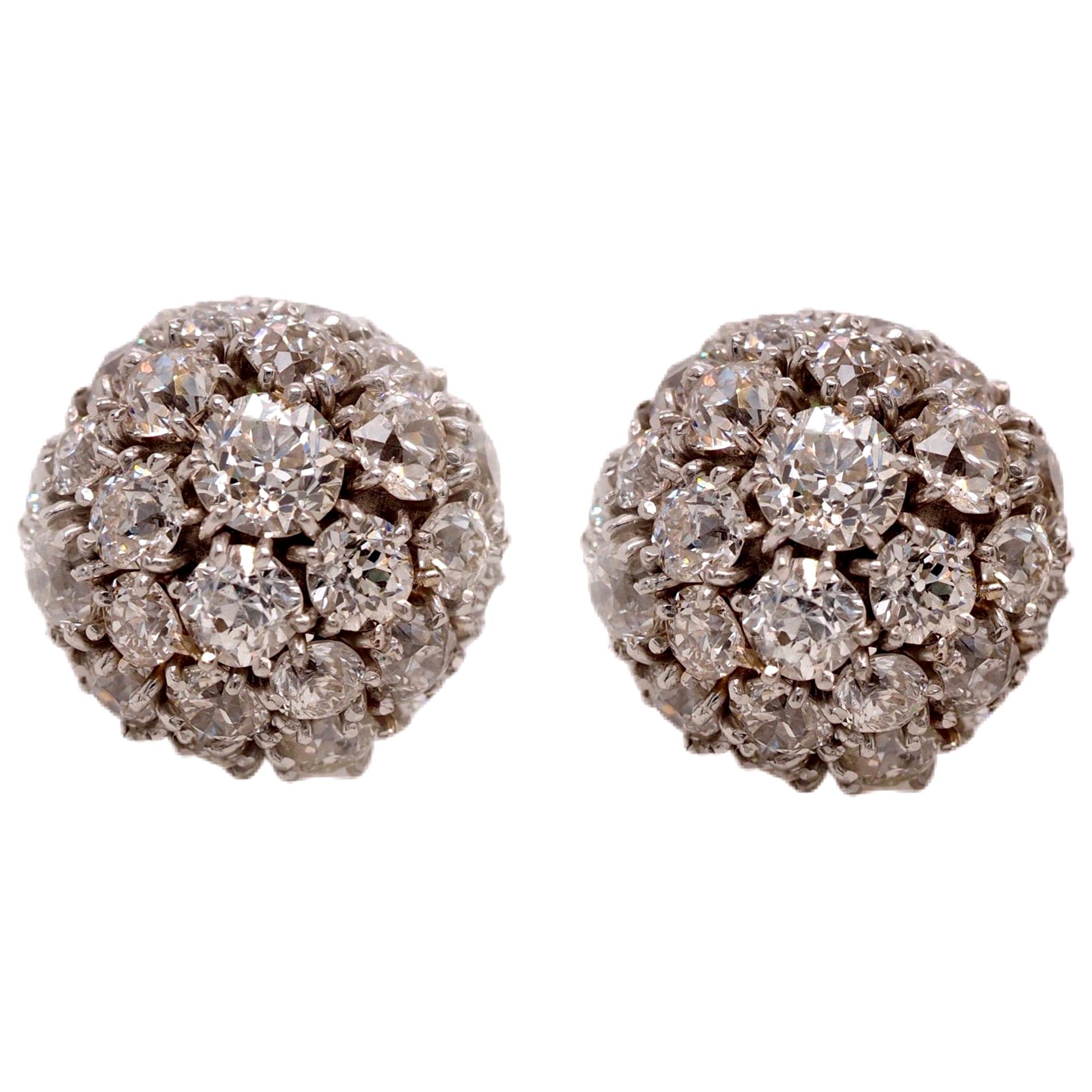 Vintage 7.00 Carat Diamond Platinum and Gold Cluster Dome Earrings