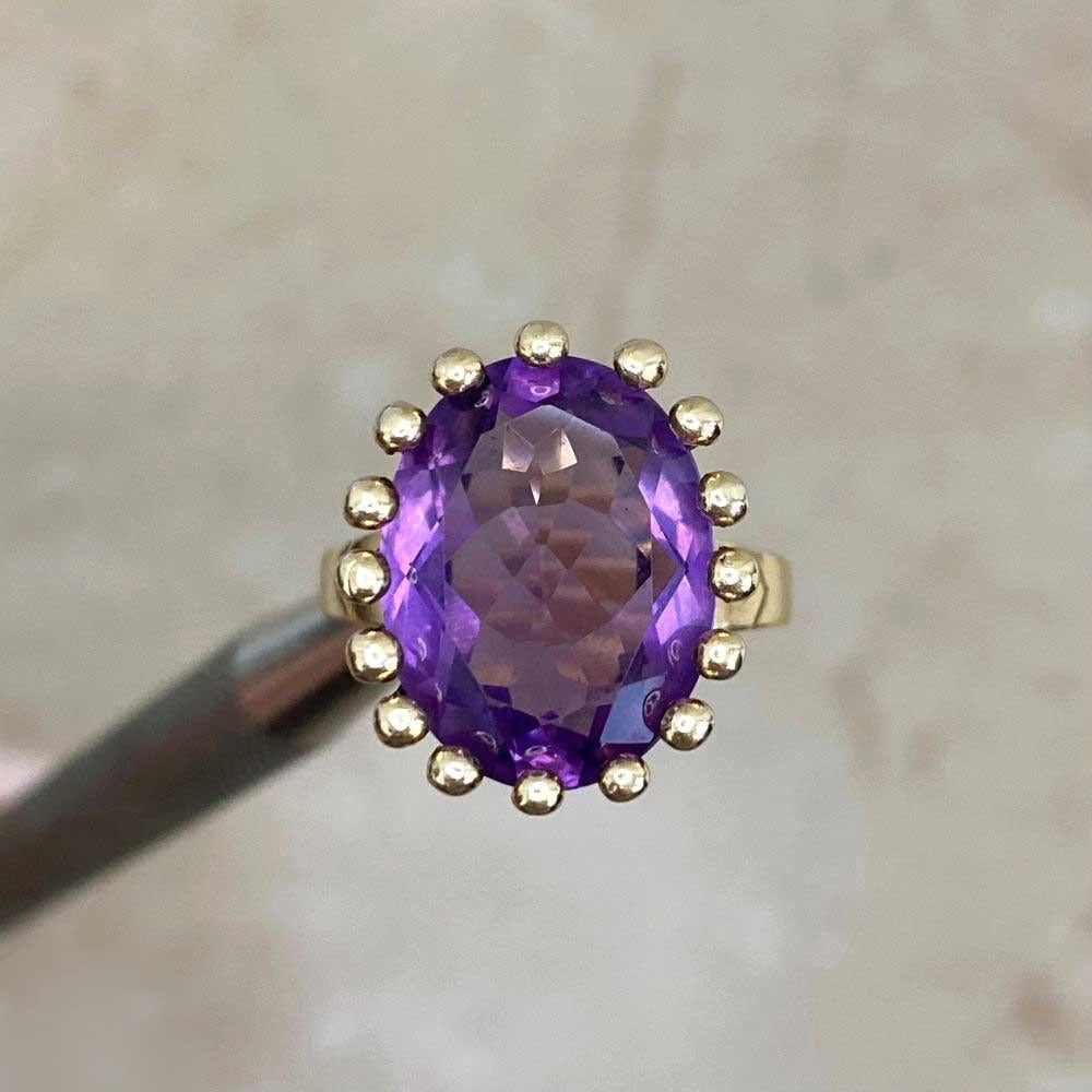 Oval Cut Amethyst & Diamond Antique Ring | 10K Yellow Gold Vintage Style Ring
