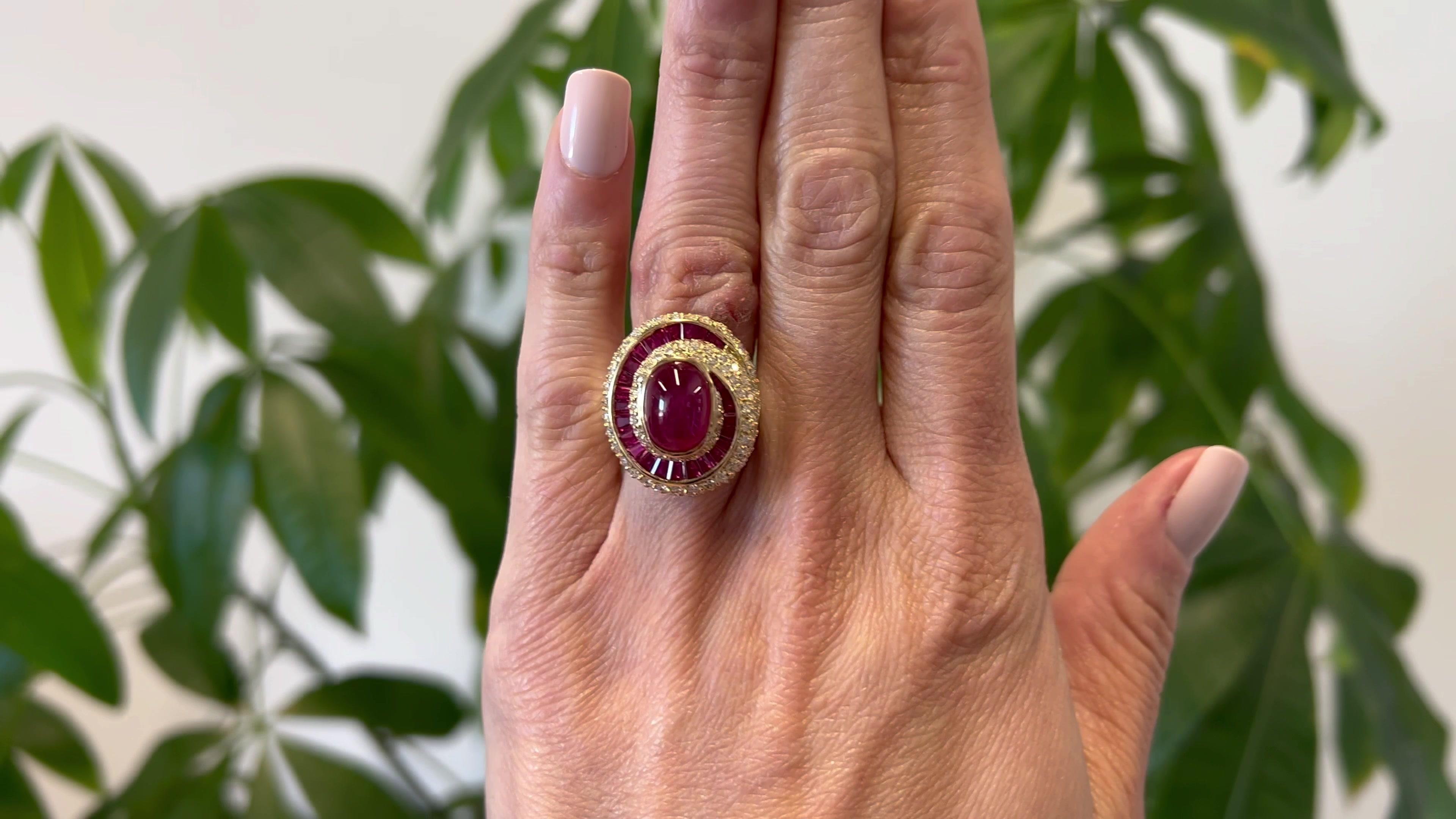 Cabochon Vintage 7.06 Carat Ruby and Diamond 18k Yellow Gold Swirl Cocktail Ring