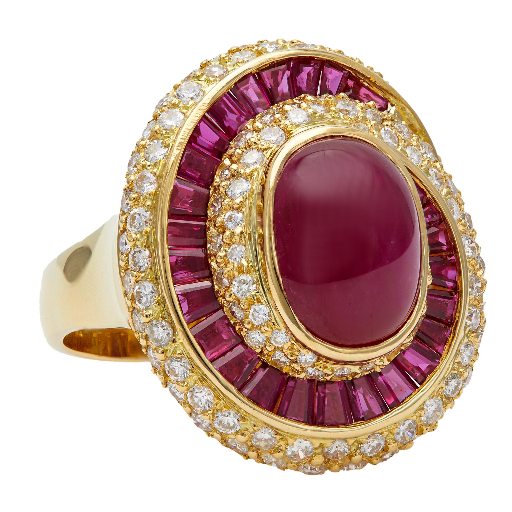 Women's or Men's Vintage 7.06 Carat Ruby and Diamond 18k Yellow Gold Swirl Cocktail Ring
