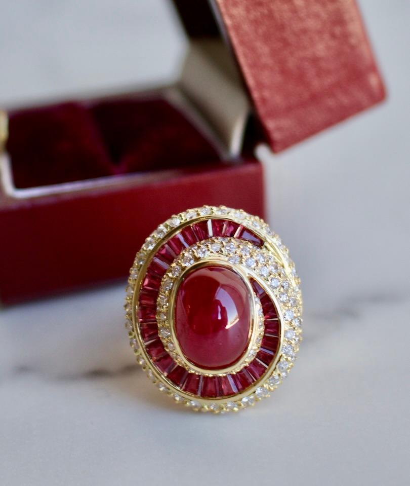 Vintage 7.06 Carat Ruby and Diamond 18k Yellow Gold Swirl Cocktail Ring 1