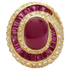 Vintage 7.06 Carat Ruby and Diamond 18k Yellow Gold Swirl Cocktail Ring