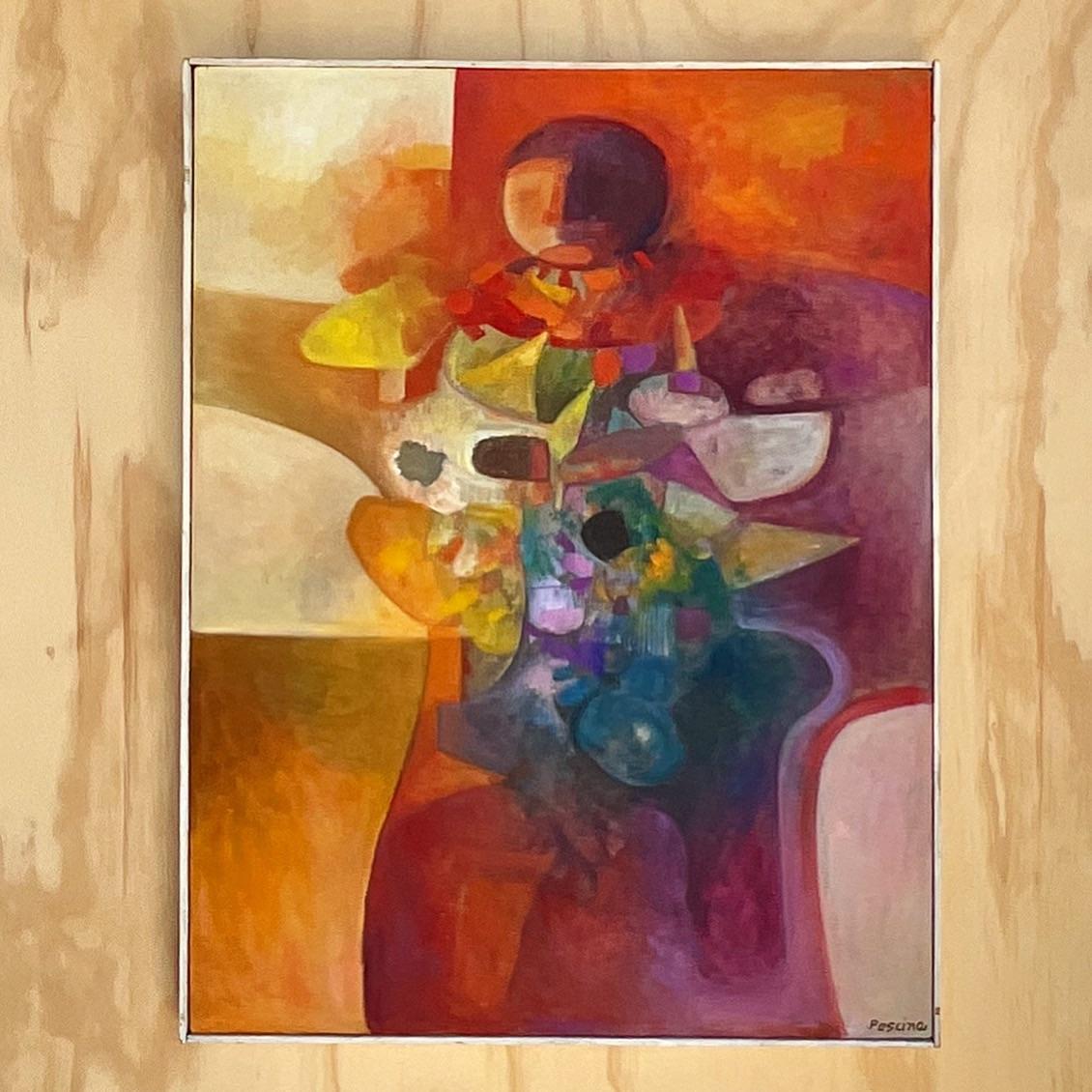 Incroyable peinture à l'huile originale cubiste abstraite des années 70. Signé par l'artiste Pescina. De magnifiques couleurs aux tons de joyaux dominent cette composition brillante. Acquis d'une succession de Palm Beach