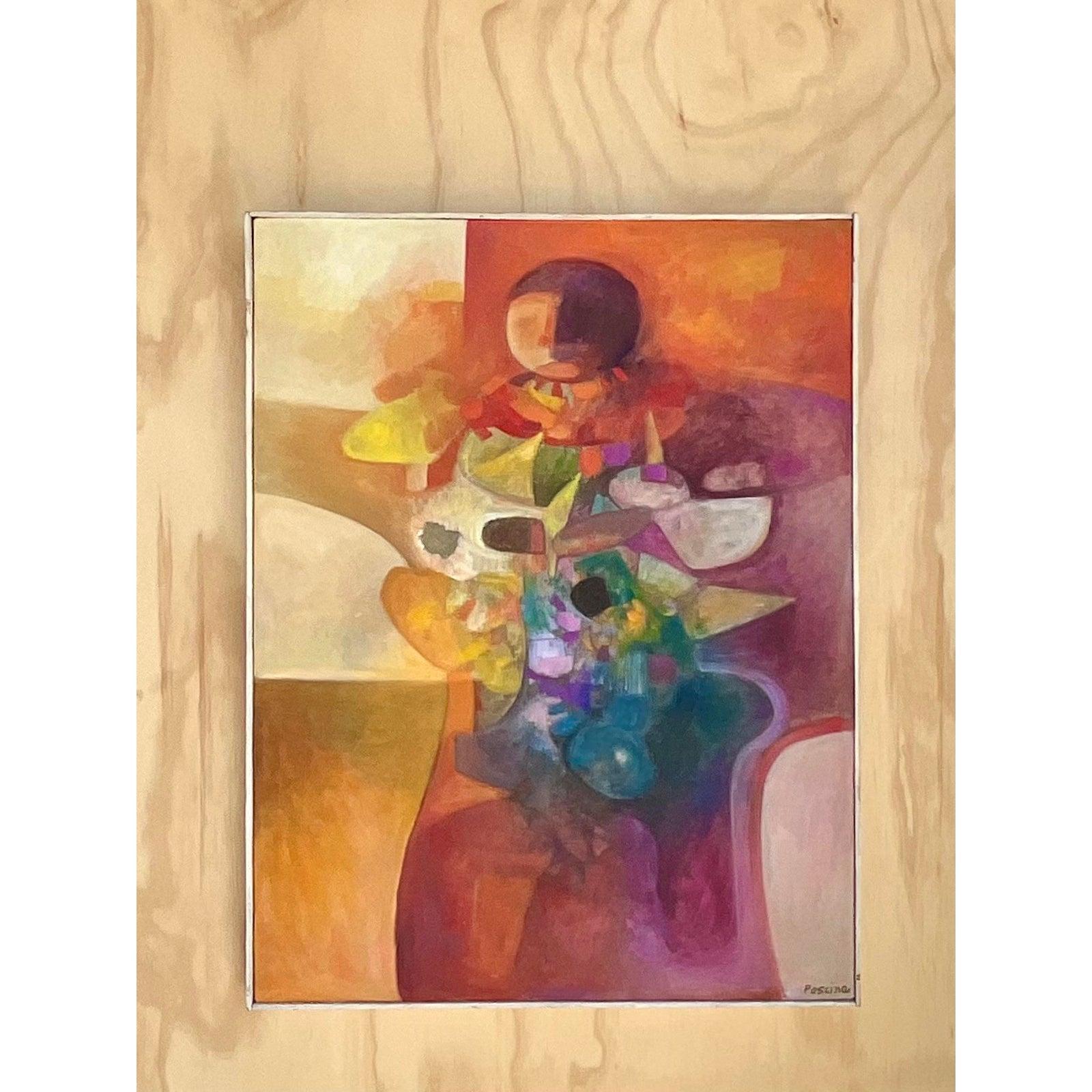 Peinture à l'huile cubiste abstraite originale des années 70 signée Pescina Bon état - En vente à west palm beach, FL