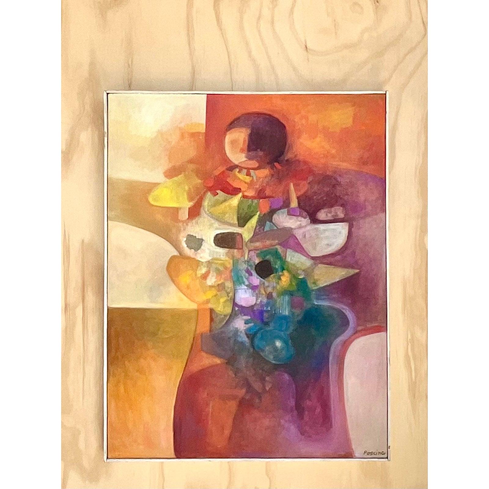 Toile Peinture à l'huile cubiste abstraite originale des années 70 signée Pescina en vente