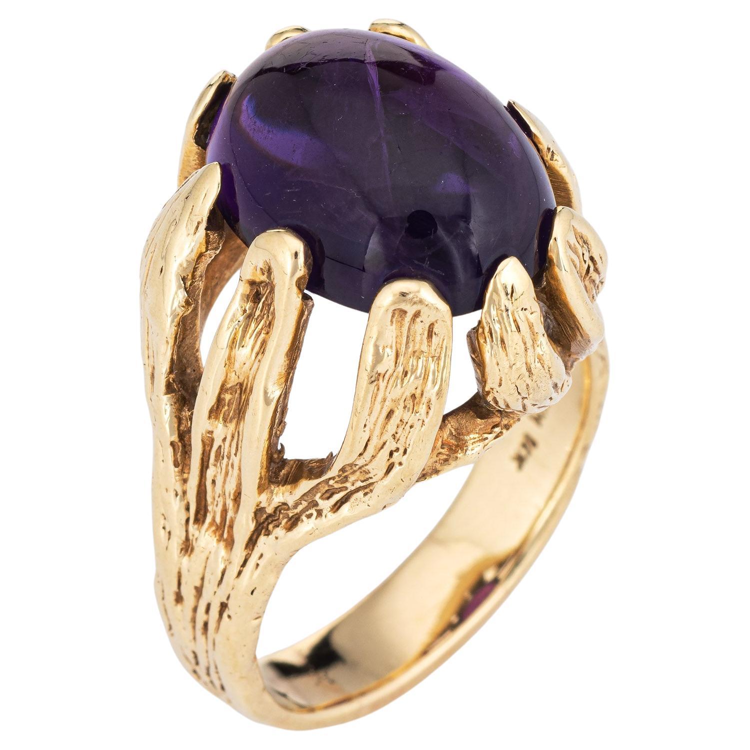 Vintage 70s Amethyst Ring 14k Yellow Gold Large Cocktail Jewelry For Sale
