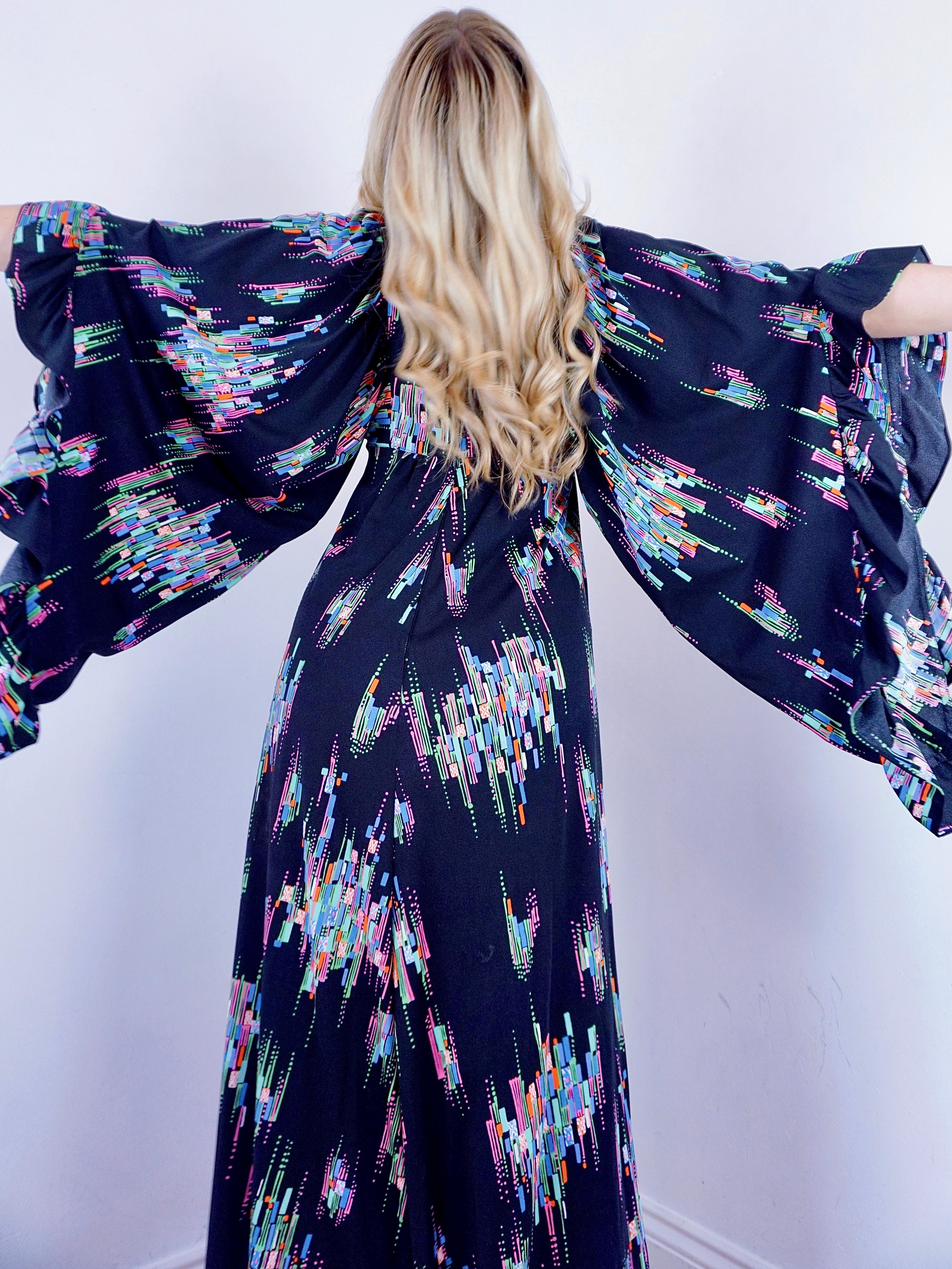 Black Vintage 70s angel sleeve dress For Sale