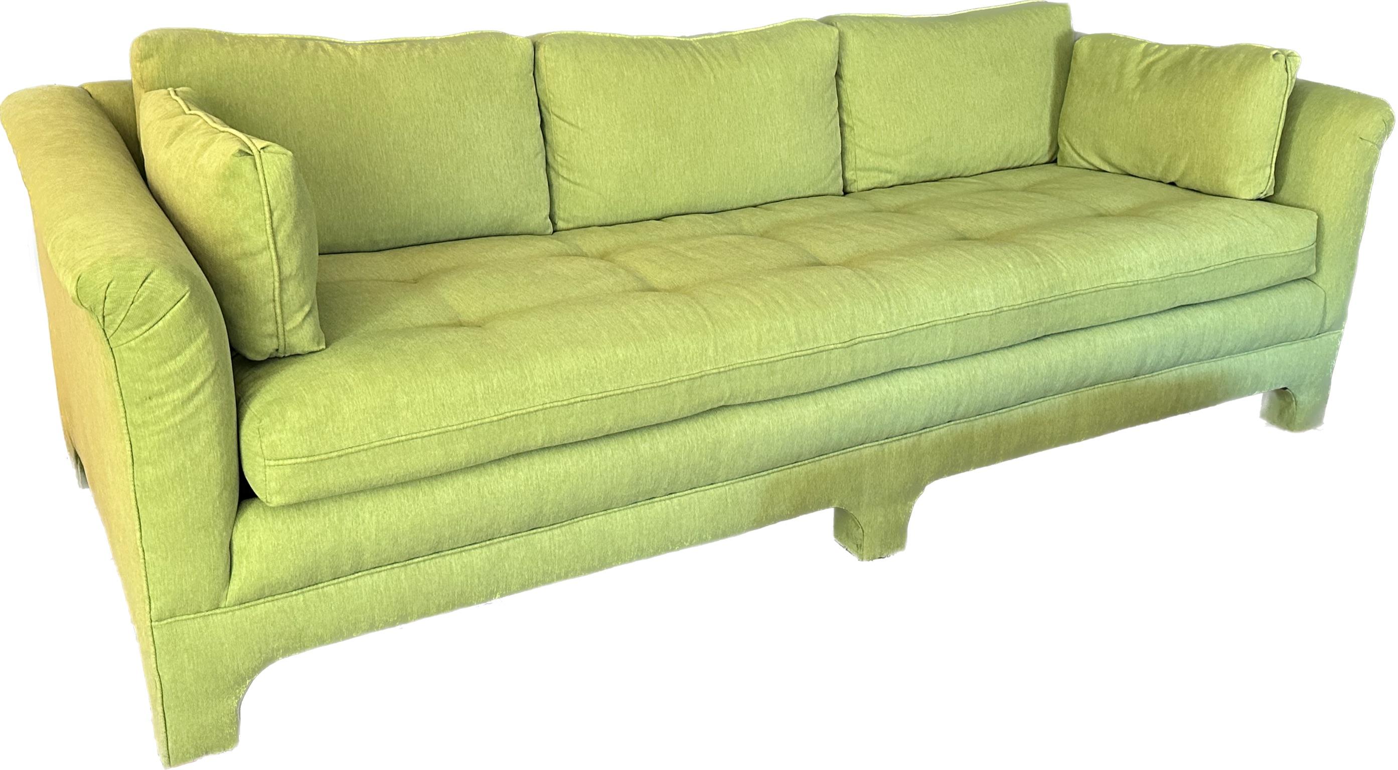 Vintage 70s parsons style sofa with a chinoiserie feel. Has great modern lines and tufted bench seat with five coordinating pillows with zippers and rolled arms. Solid vintage frame with newly upholstered in chartreuse green Crypton fabric. In