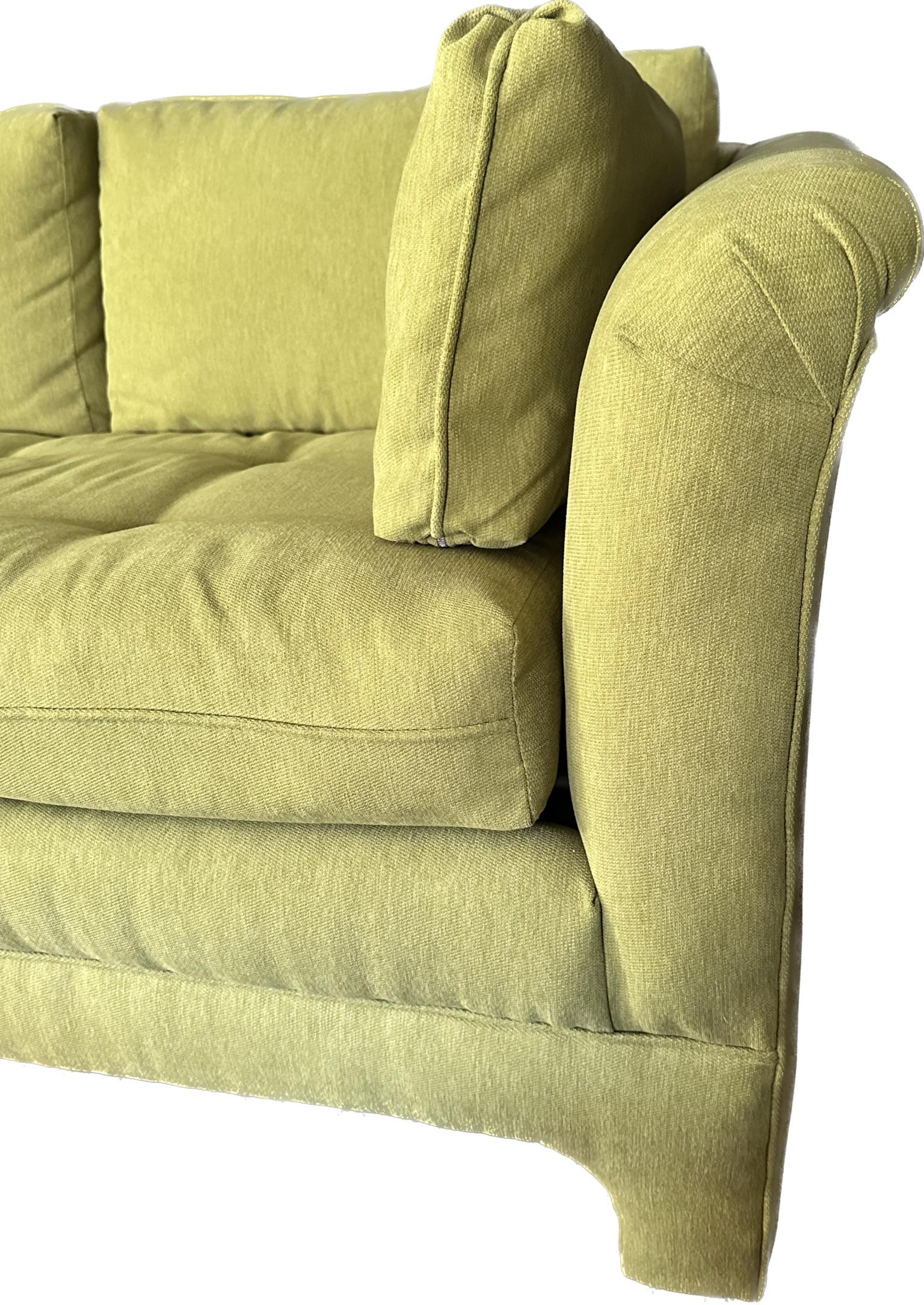 Chinoiserie Vintage 70s Bench Seat Sofa Newly Upholstered in Chartreuse Crypton Fabric For Sale