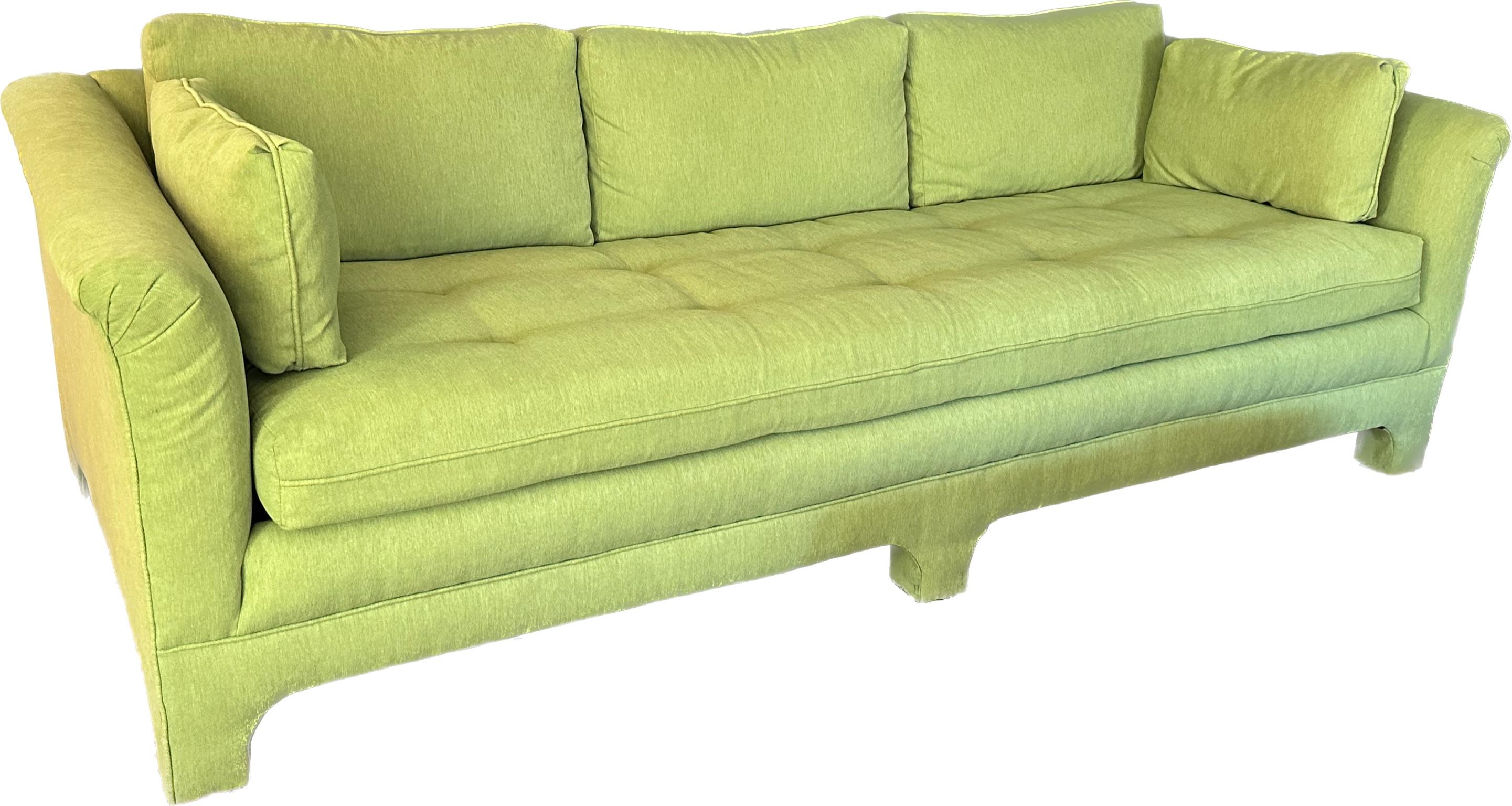 20ième siècle Canapé à assise banc vintage des années 70, nouvellement tapissé de tissu chartreuse Crypton en vente
