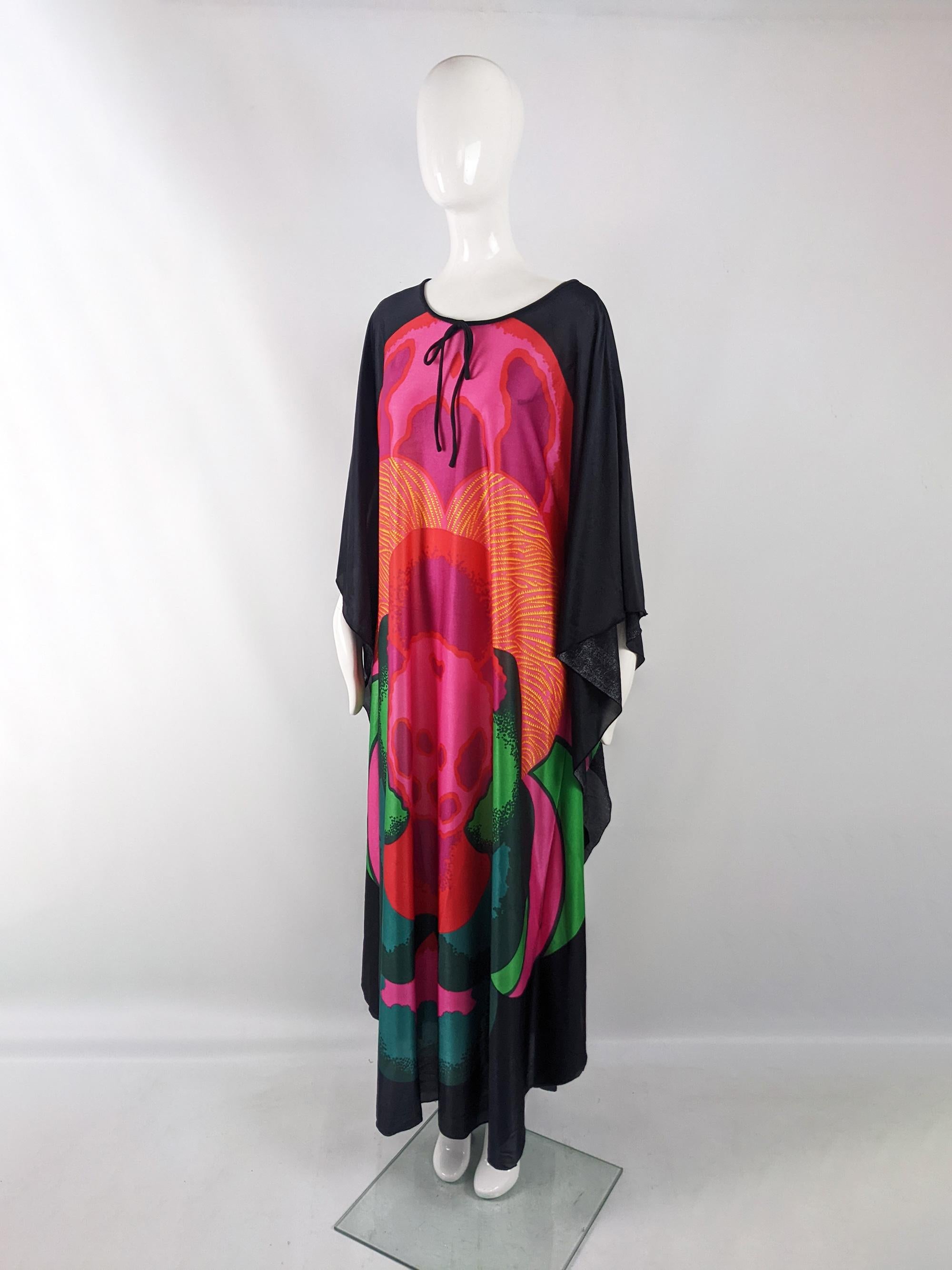 Women's Vintage 70s Black Floral Kaftan Maxi Dress, 1970s