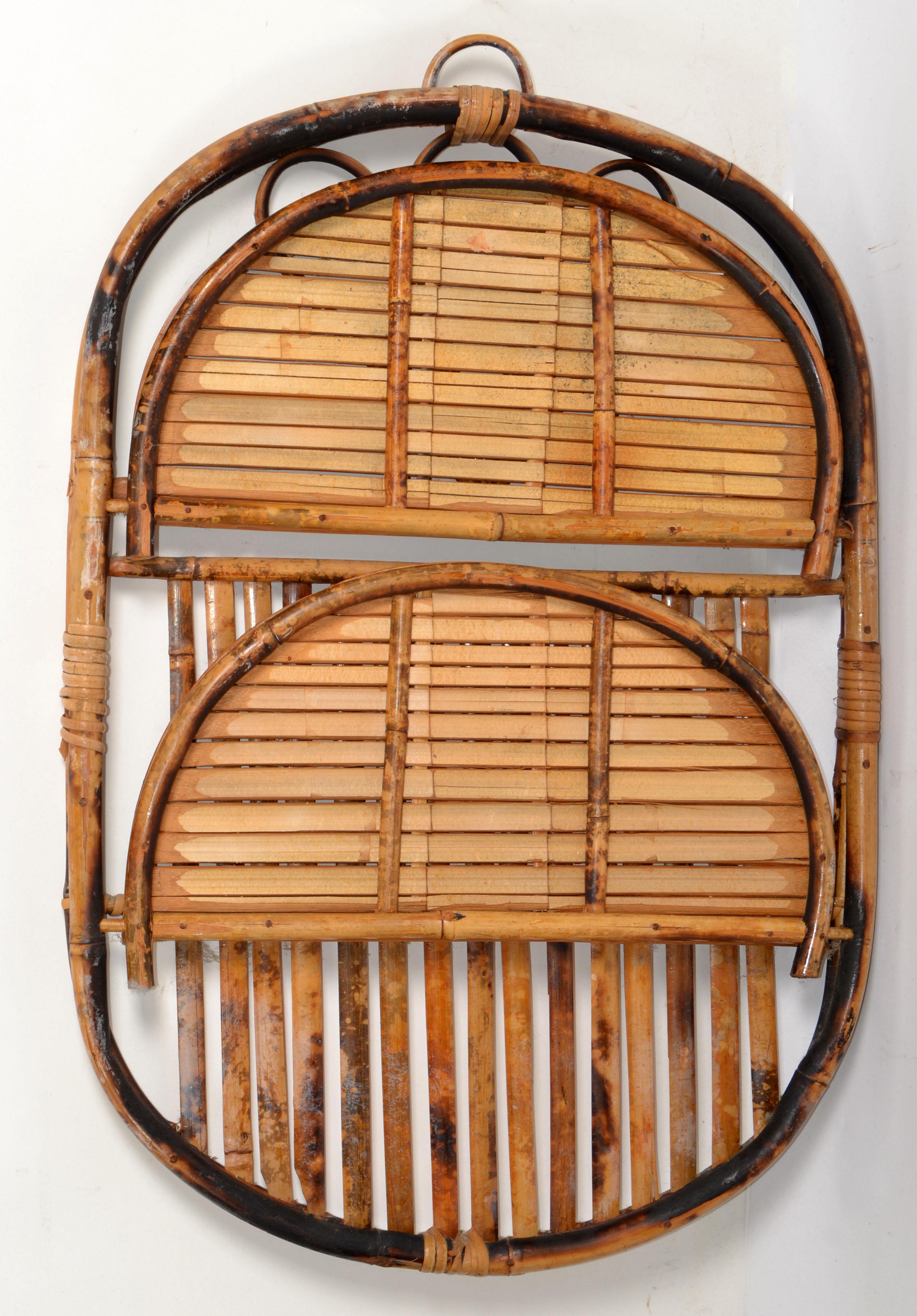 Vintage 70s Burnt Bamboo Tortoise Handcrafted 2 Tier Hanging Folding Wall Shelf  For Sale 3
