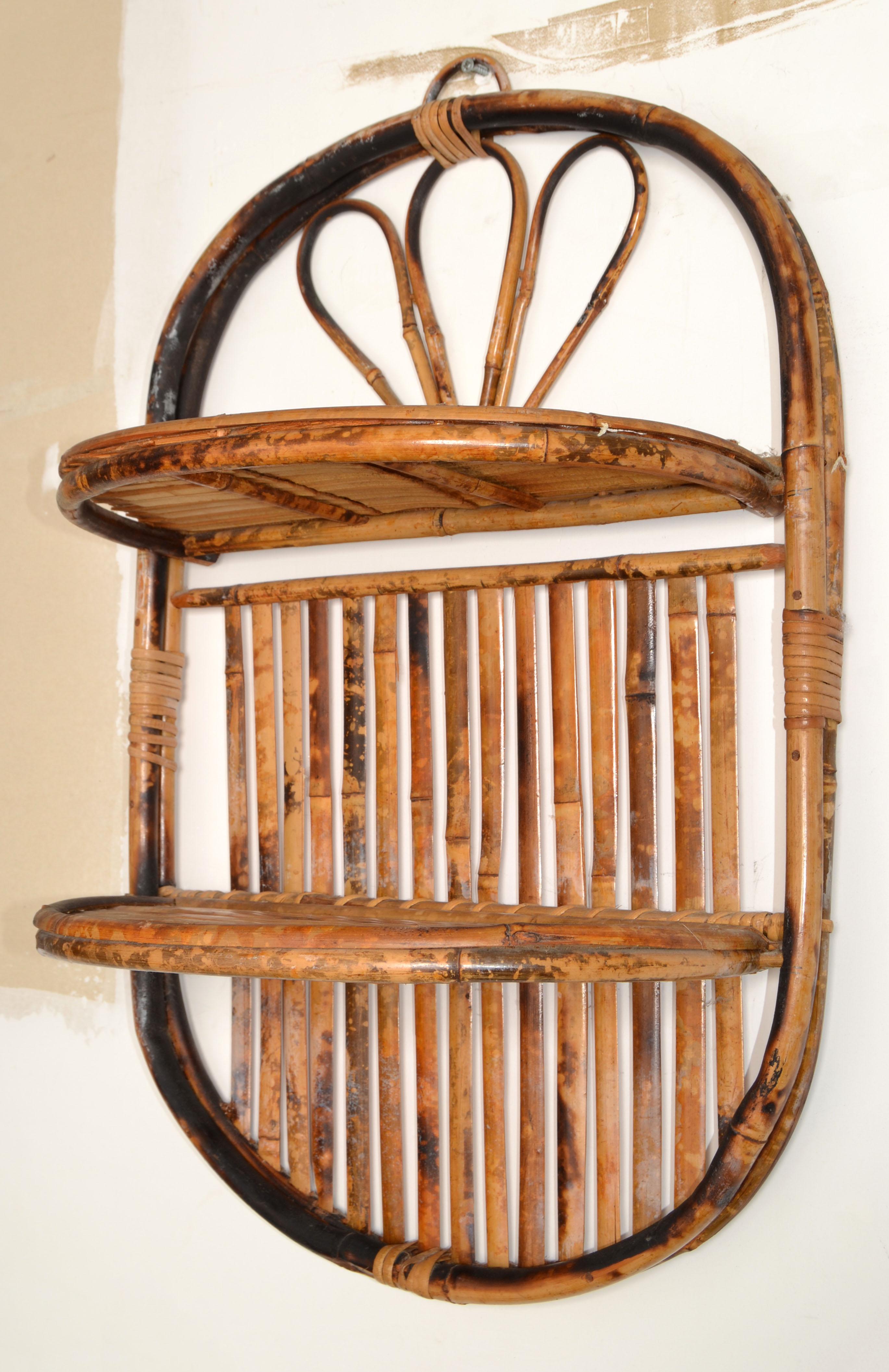 Bohemian Vintage 70s Burnt Bamboo Tortoise Handcrafted 2 Tier Hanging Folding Wall Shelf  For Sale