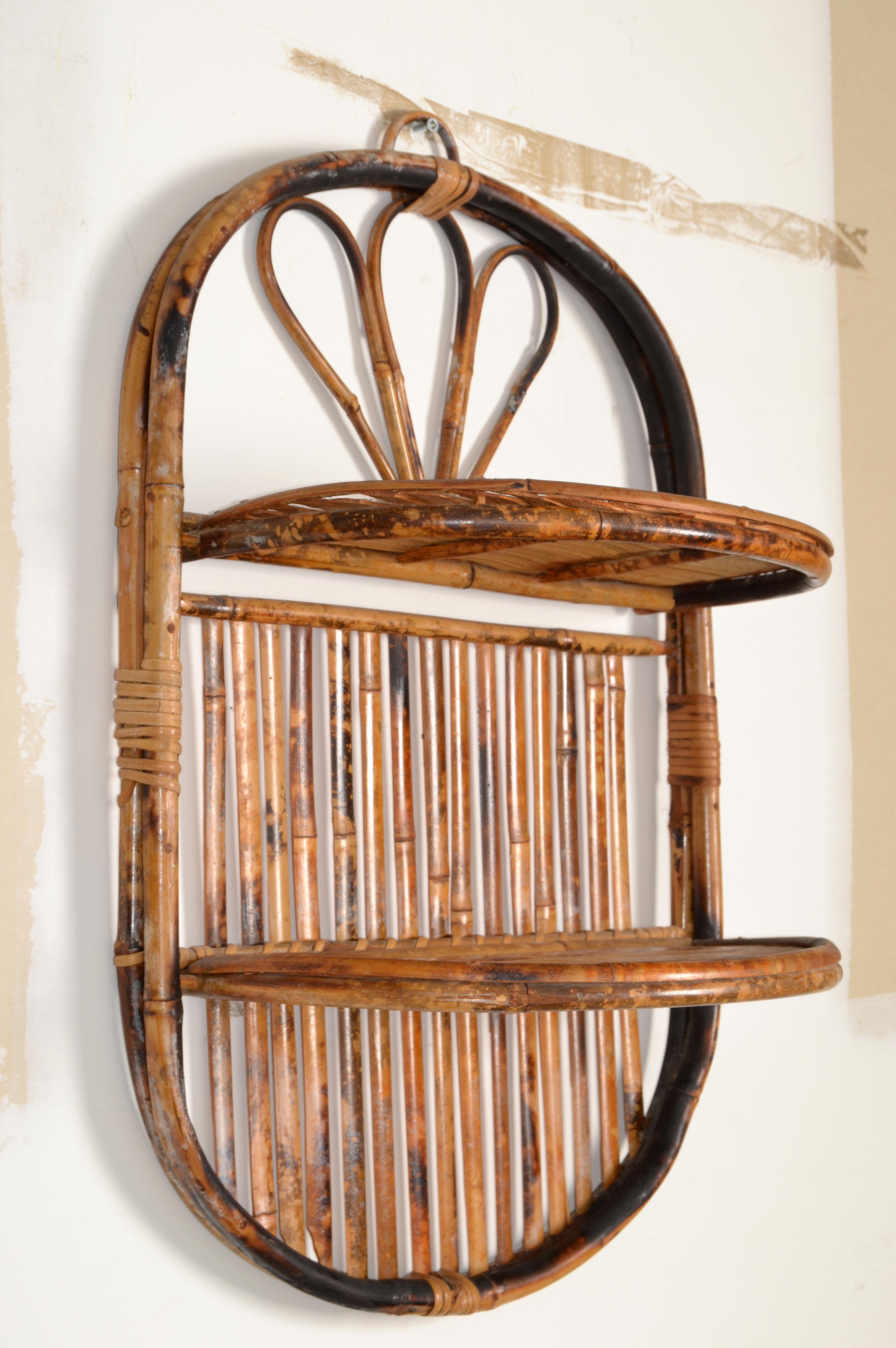 Southeast Asian Vintage 70s Burnt Bamboo Tortoise Handcrafted 2 Tier Hanging Folding Wall Shelf  For Sale