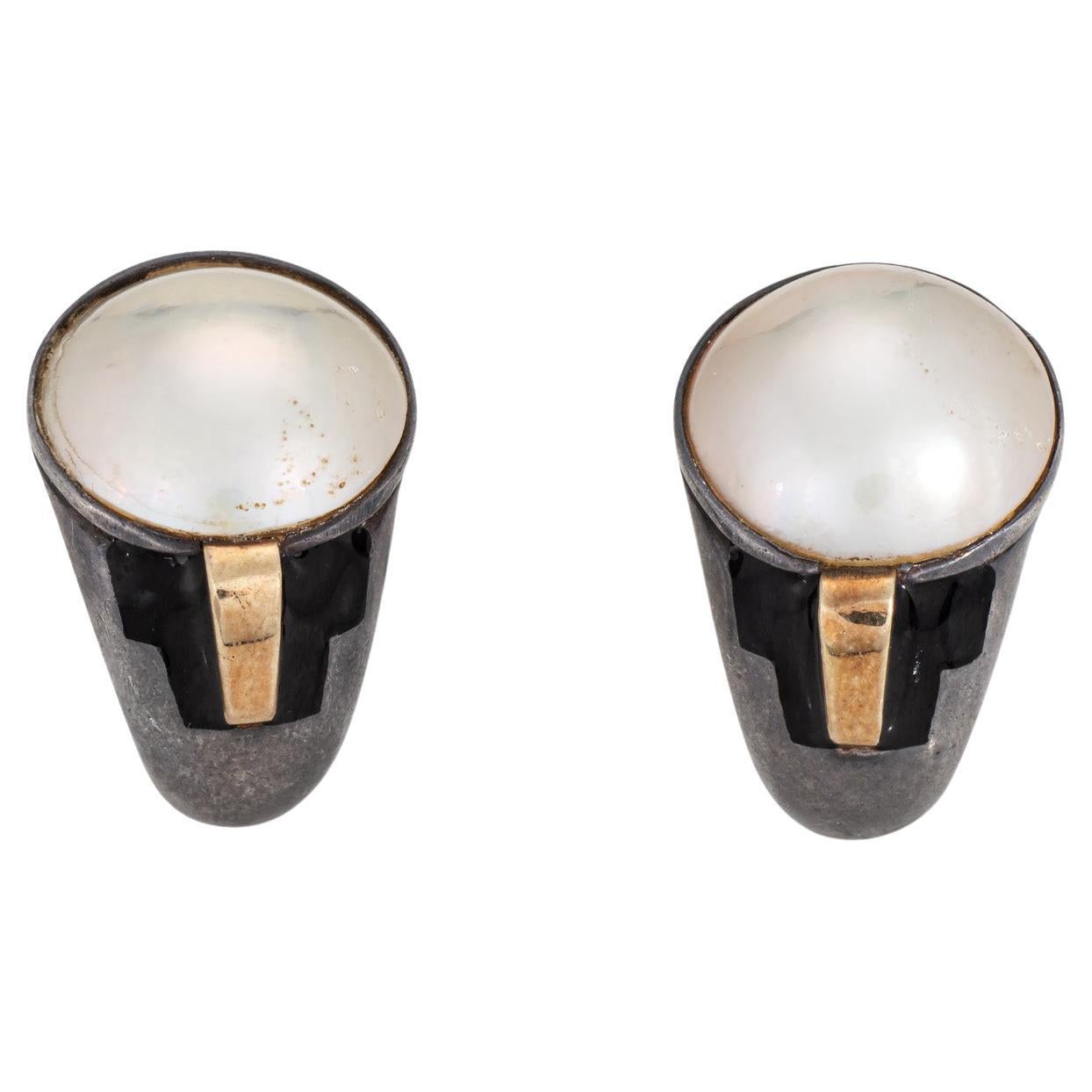 Vintage 70s Cartier Earrings Sterling Silver 18k Gold Mabe Pearl Signed Jewelry