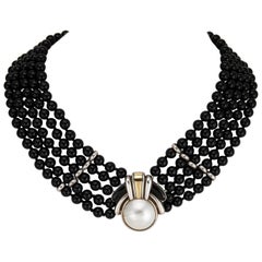 Vintage 70s Cartier Necklace Onyx Choker Sterling Silver 18k Gold Mabe Pearl