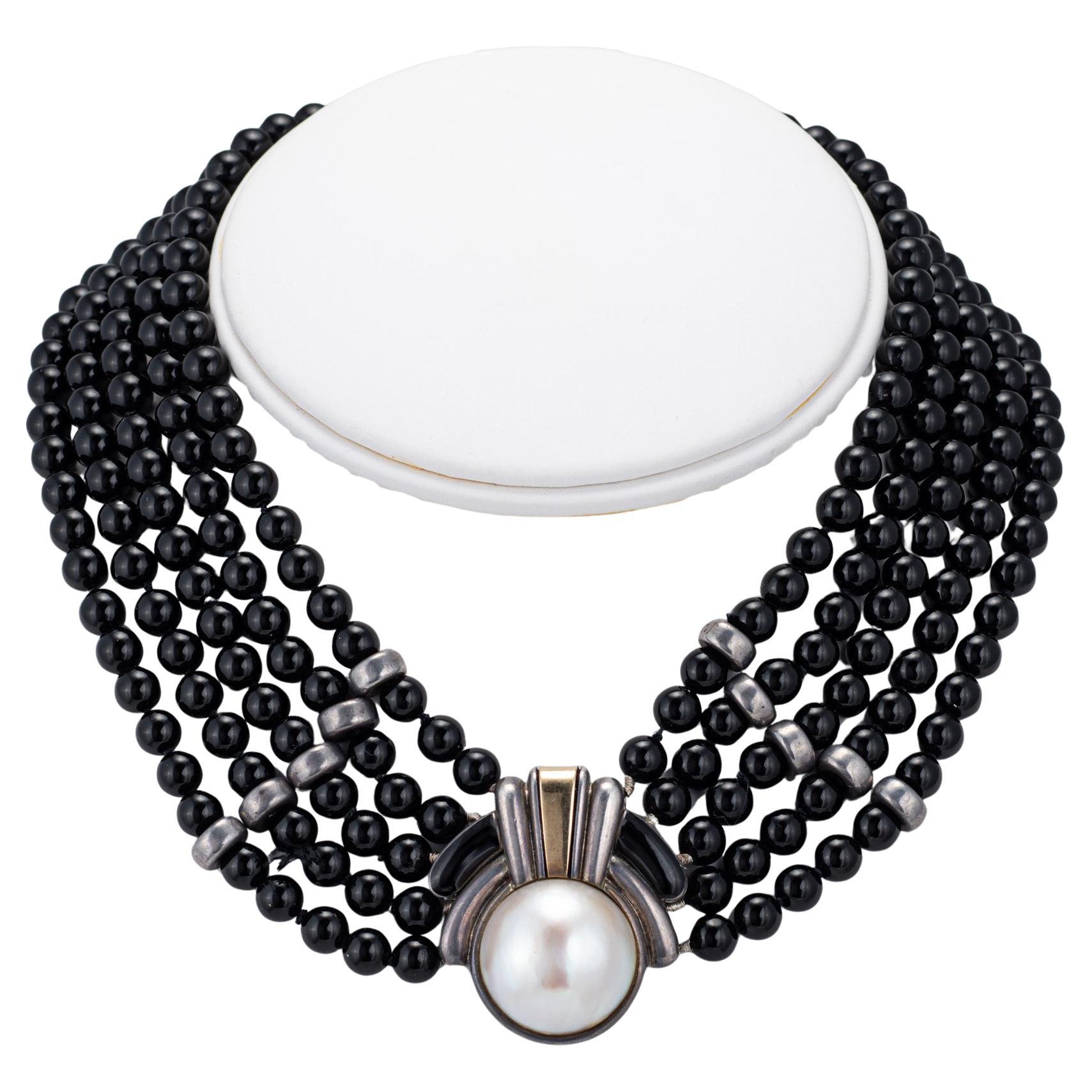 Vintage anni '70 Cartier Collana Choker Onice Argento 18k Oro Mabe Perla in vendita