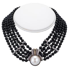Vintage 70s Cartier Necklace Onyx Choker Sterling Silver 18k Gold Mabe Pearl